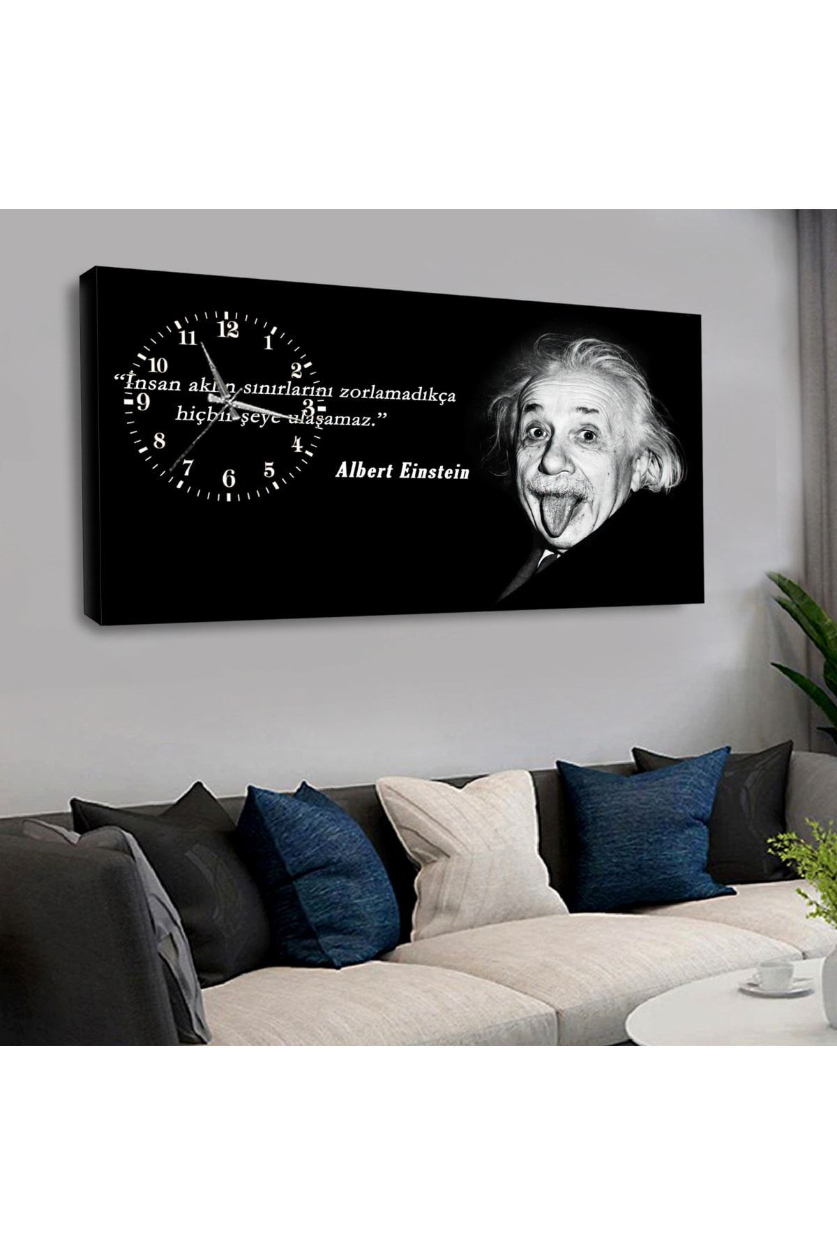 Kanvas Siyah Arka Planlı Albert Einstein Saatli Tablo