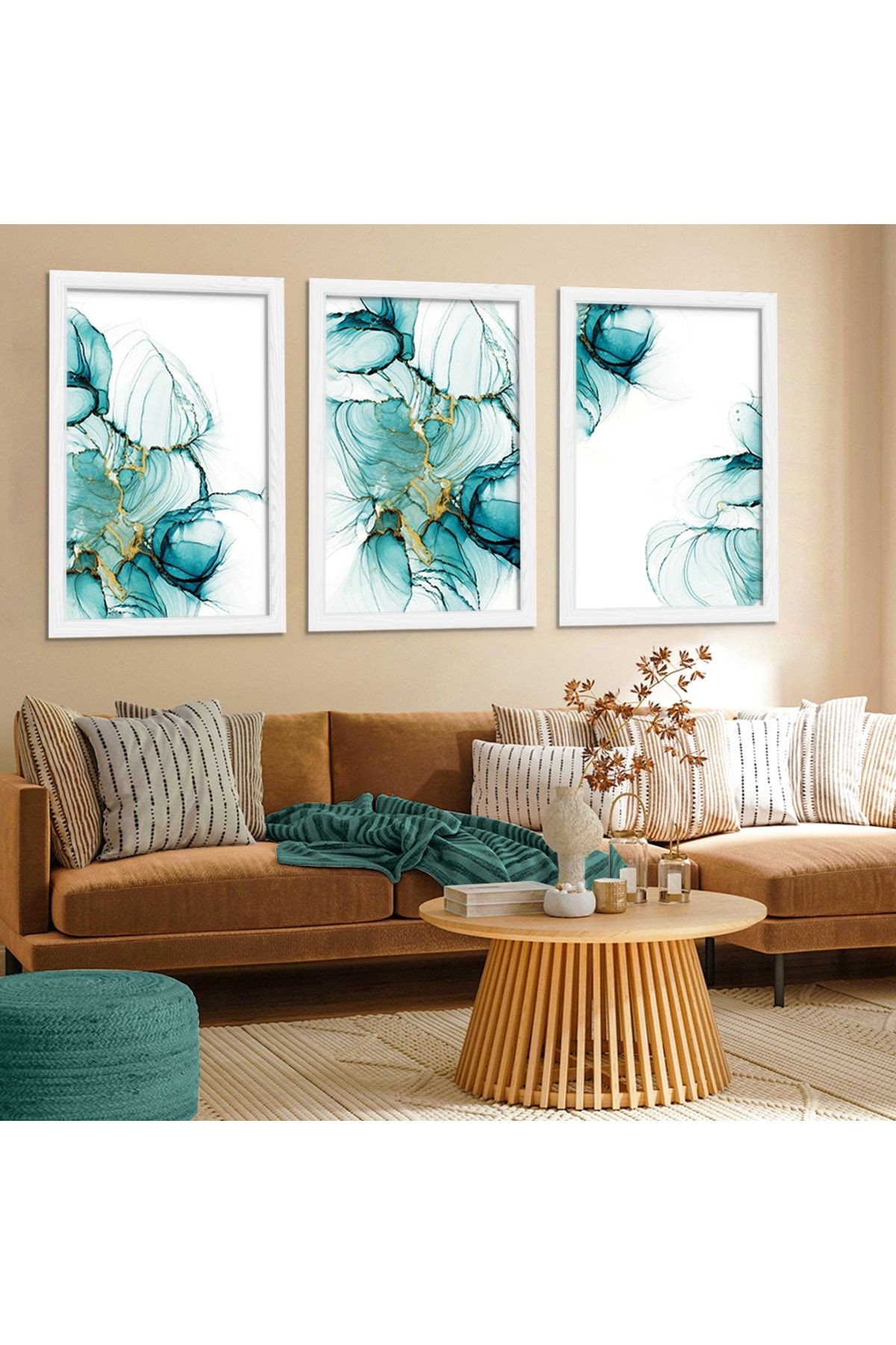 Beyaz Ahşap Çerçeveli Mavi Renk Modern Tablo