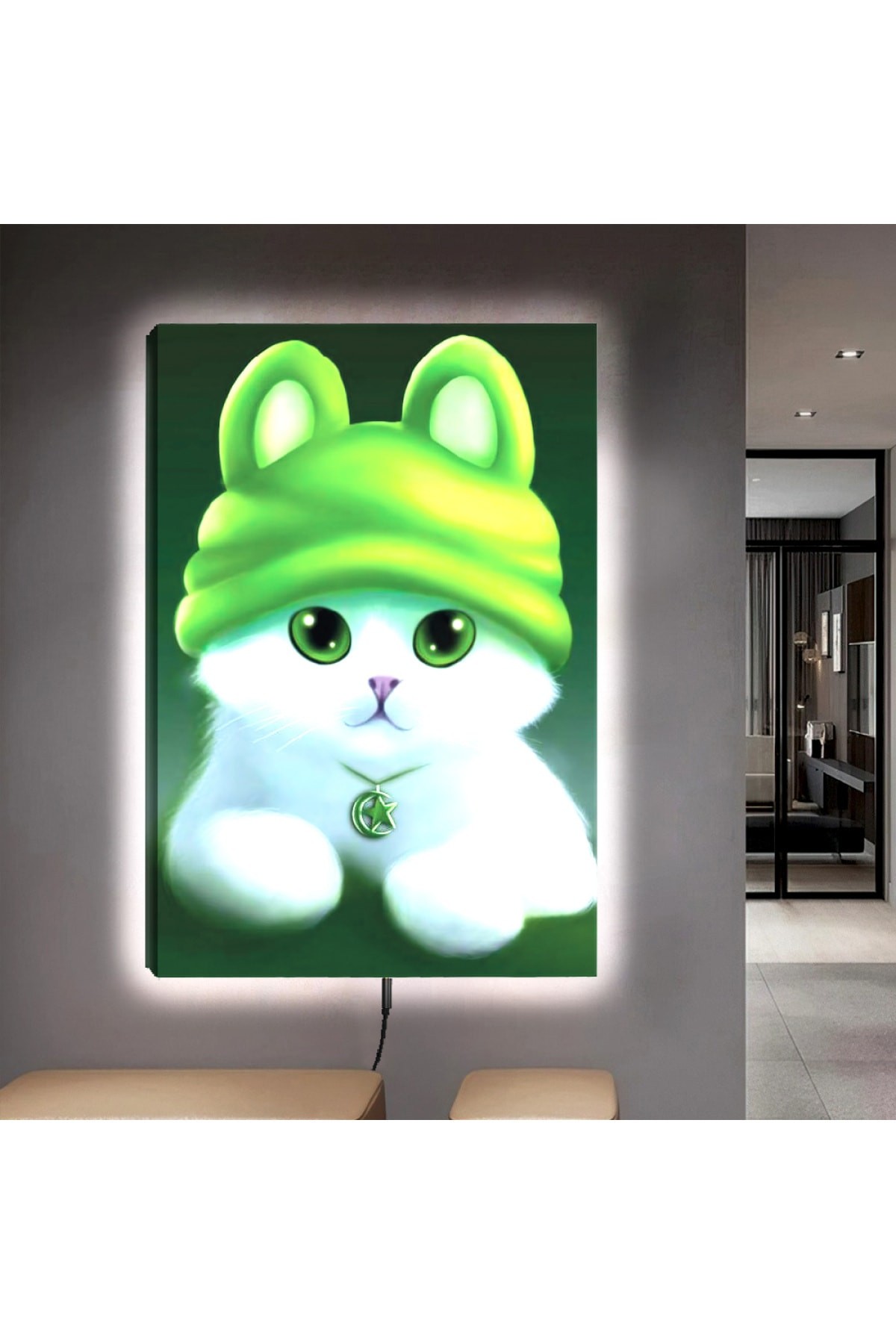 Minimal Ledli Kedicik Temalı Ahşap Şase Dijital Baskı Kanvas Tablo 90X60Cm