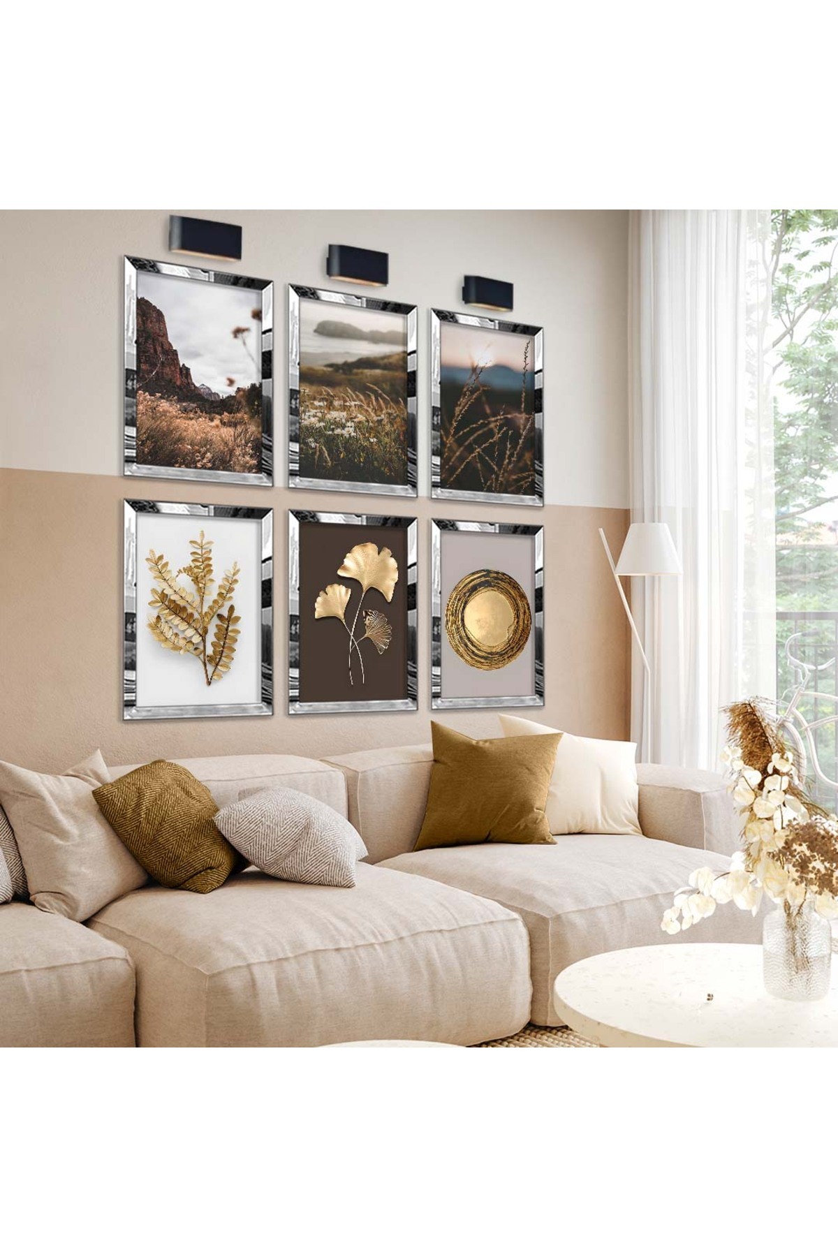 Doğa Tema Ve Gold Çiçek 6'Lı Pleksi Kenar Solmaz MDF Tablo Seti