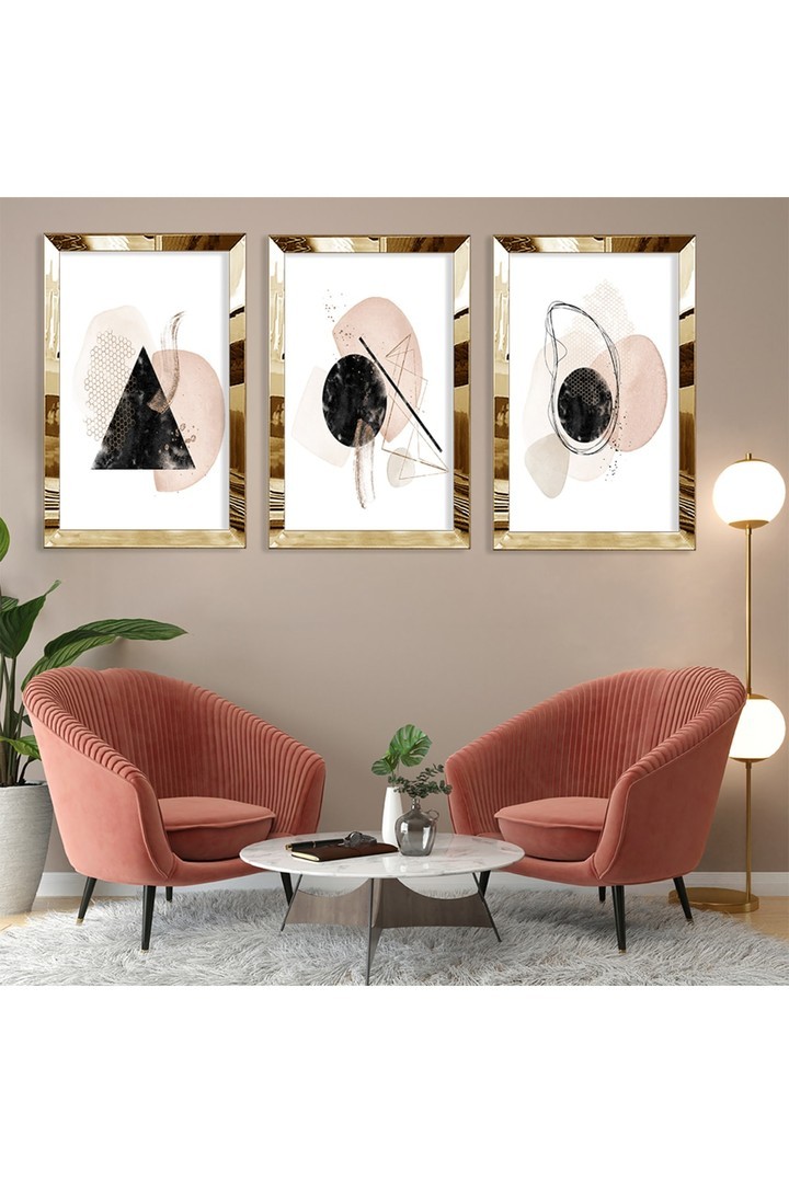 Huzur Soyut Desen Şekiller Gold Pleksi Kenar 3'Lü Solmaz MDF Tablo
