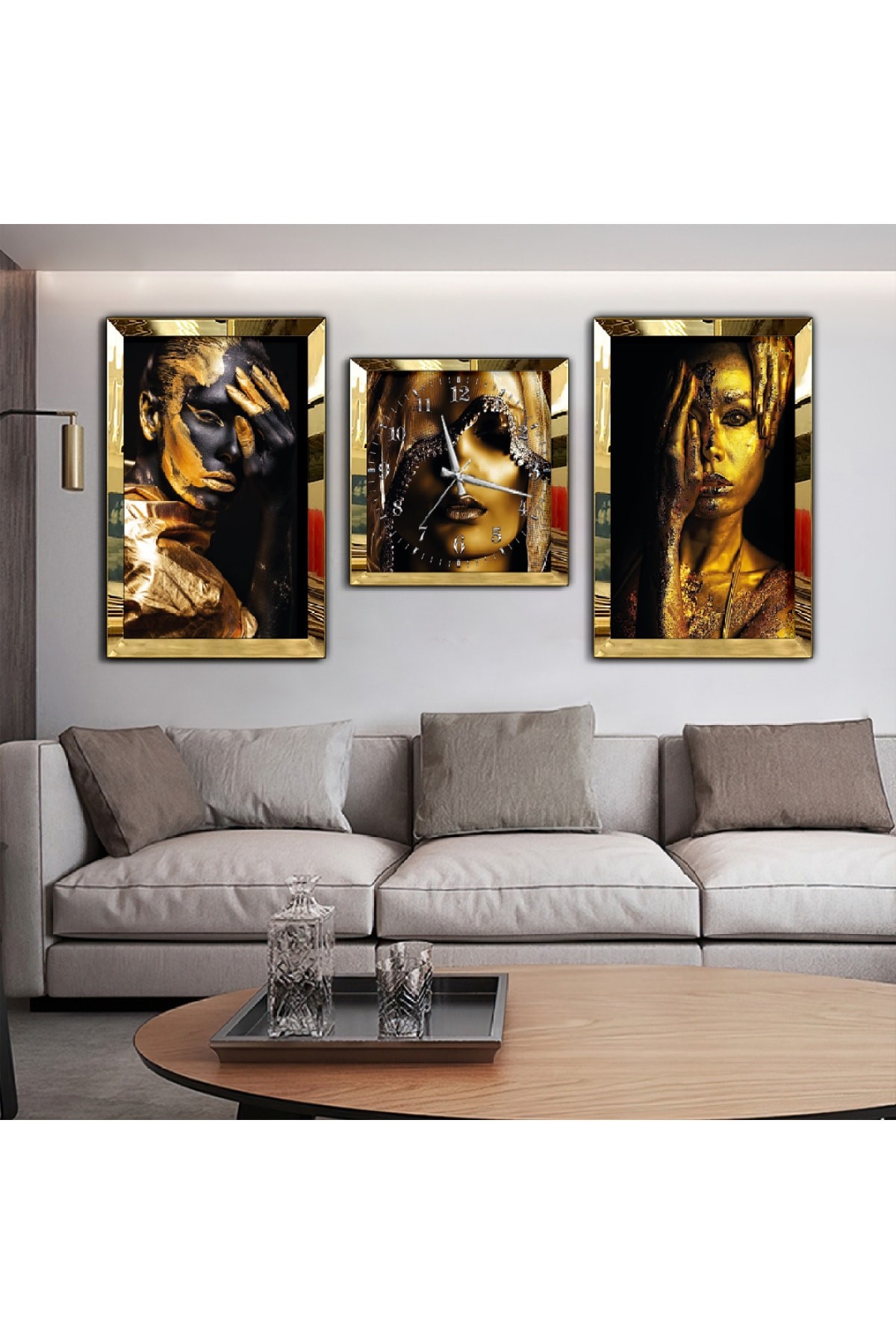 Altın Kız Temalı Aynalı Gold Pleksi Çerçeveli Solmaz MDF Tablo Ve Saat Seti