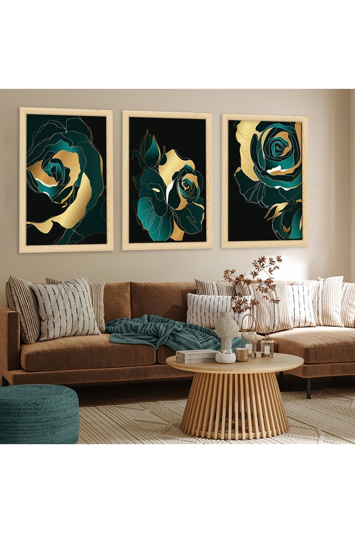 Minimal Modern Tablo Ahşap Çerçeveli Kolaj Çizim Çiçek Tablo
