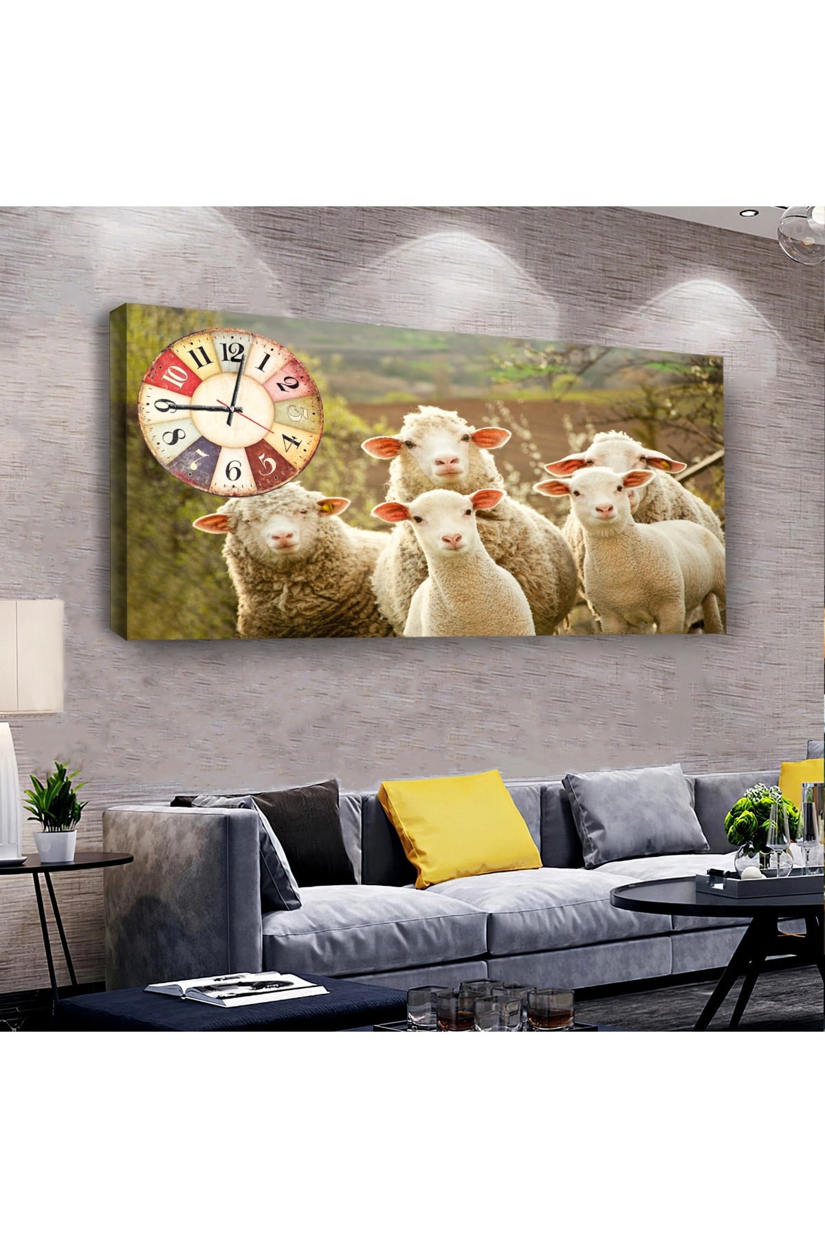 Sevimli Kuzular saatliAhşap Şase Dijital Baskı Kanvas Tablo 100X50Cm