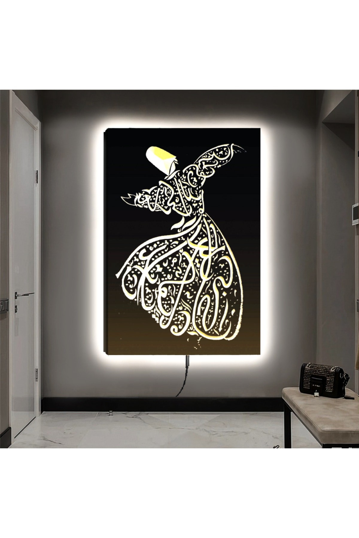 Ledli Semazen Motifli Dini Ahşap Şase Dijital Baskı Kanvas Tablo 90X60Cm