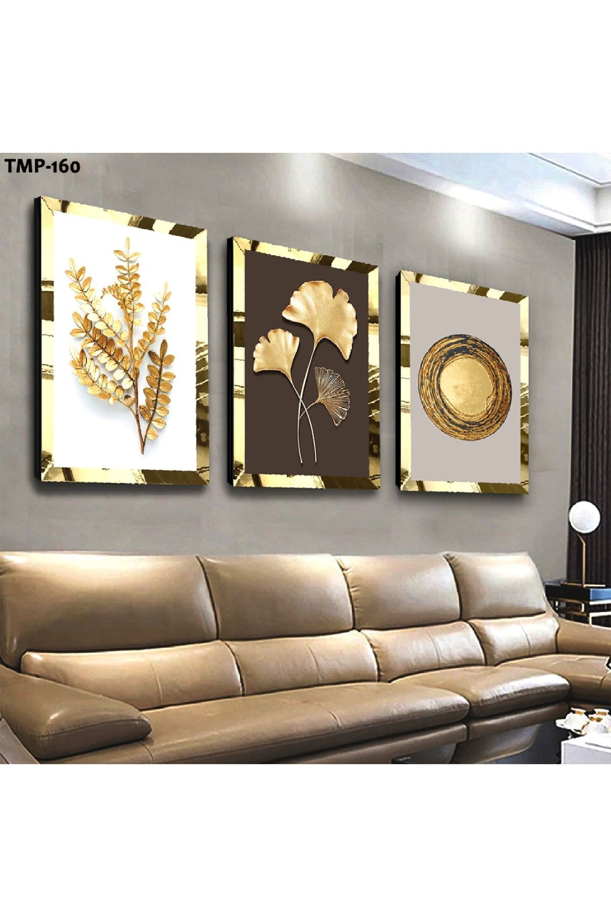 Gold Aynalı Pleksi Çerçeveli Çiçek Üçlü Mdf Tablo Seti