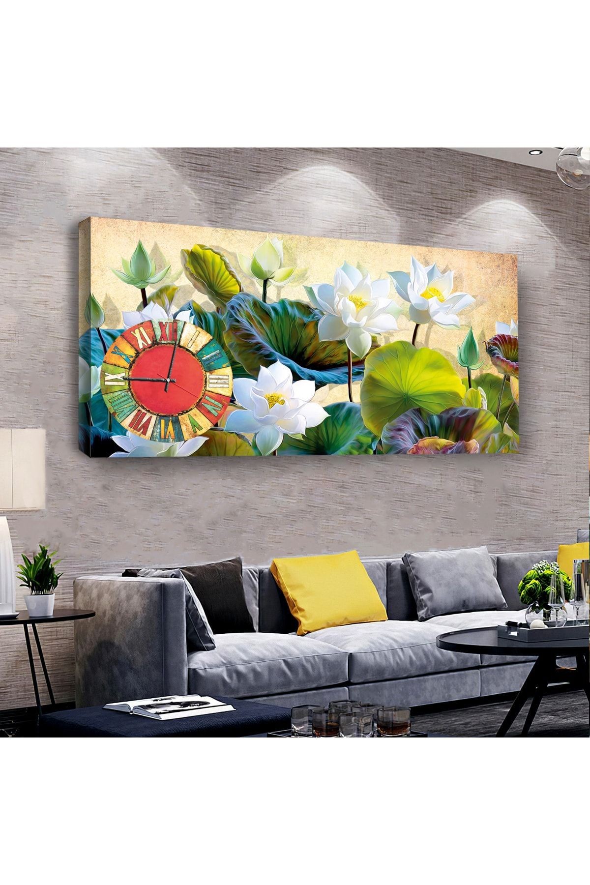 Beyaz Çiçek 120 X 60 Saatli Kanvas Tablo