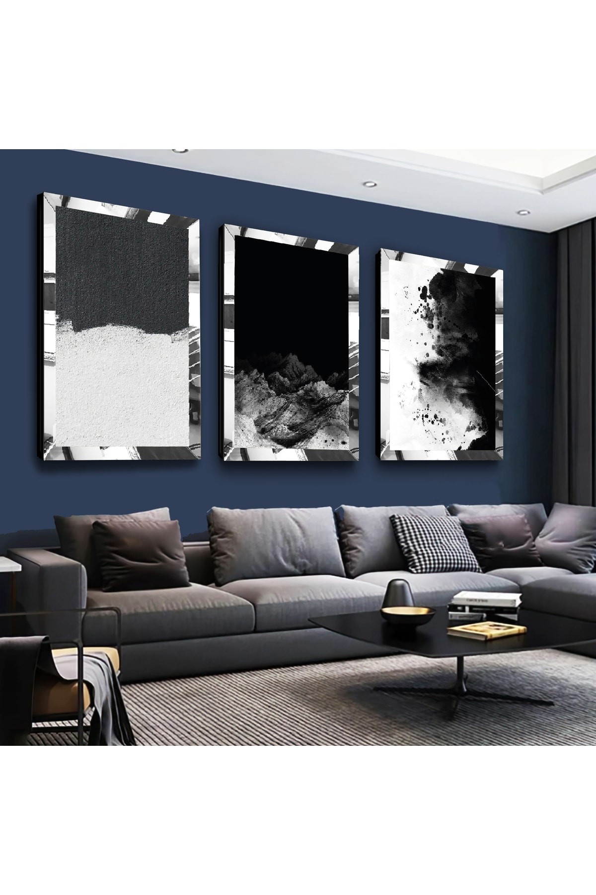 Siyah Beyaz Modern Gold Pleksi Kenar 3'Lü Solmaz MDF Tablo Seti