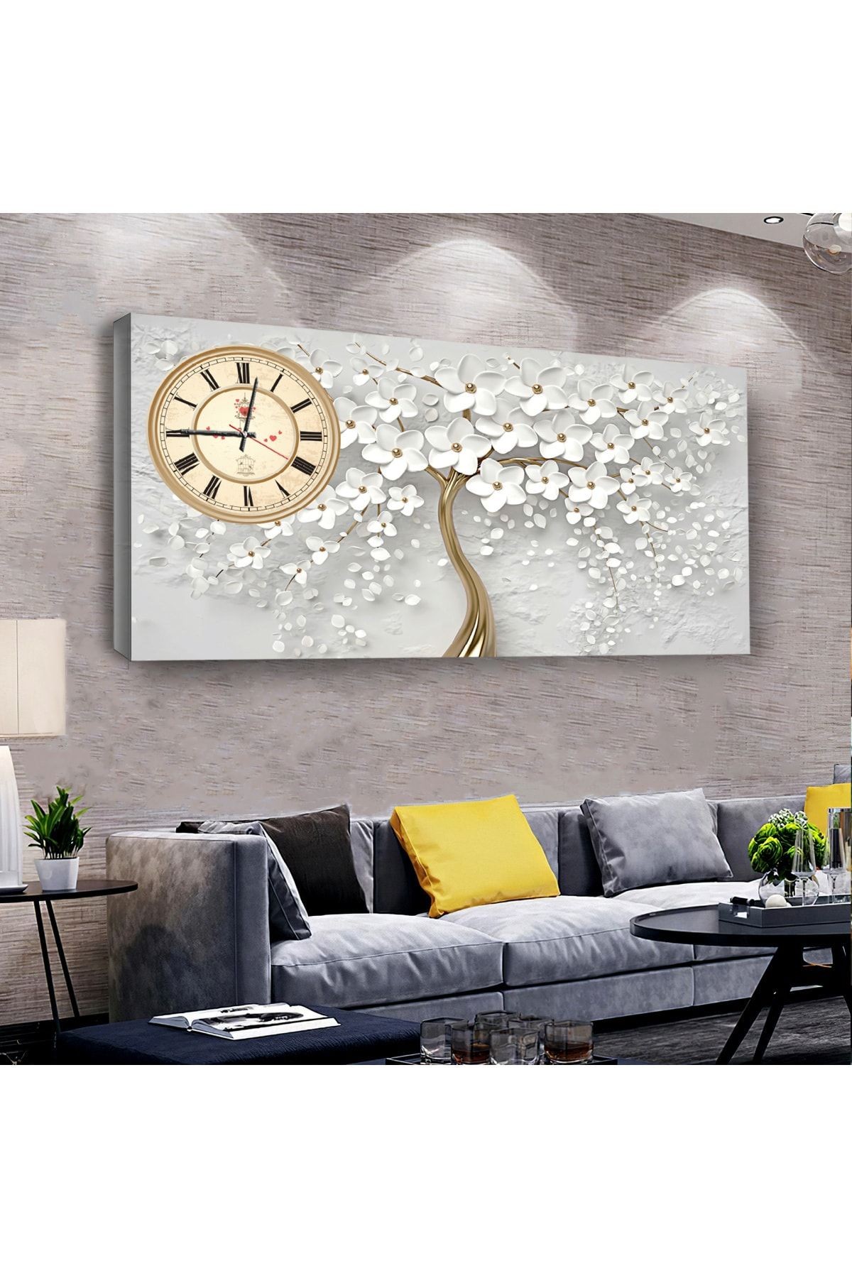 Beyaz Çiçek 120 X 60 Saatli Kanvas Tablo