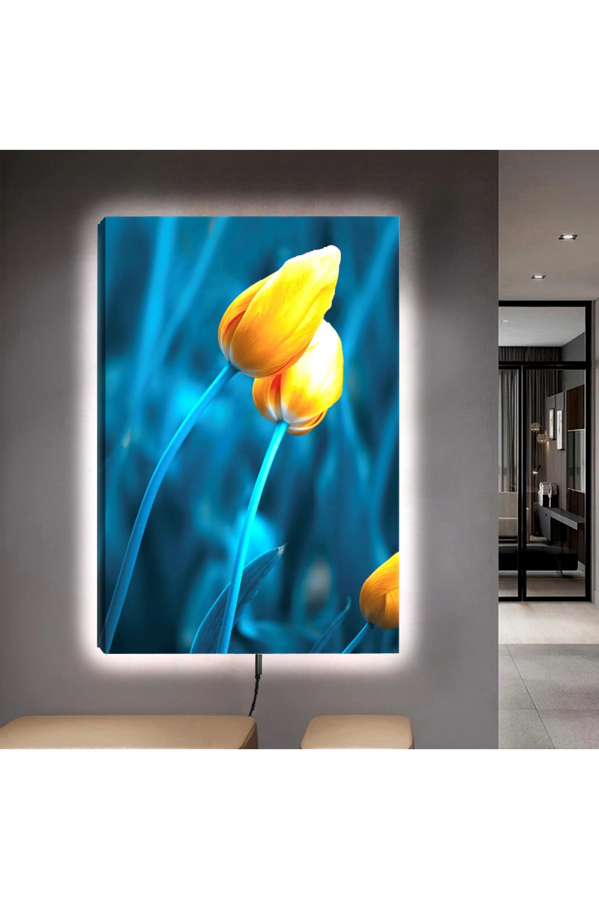 Ledli Sarı Çiçek Ahşap Şase Dijital Baskı Kanvas Tablo 90X60Cm