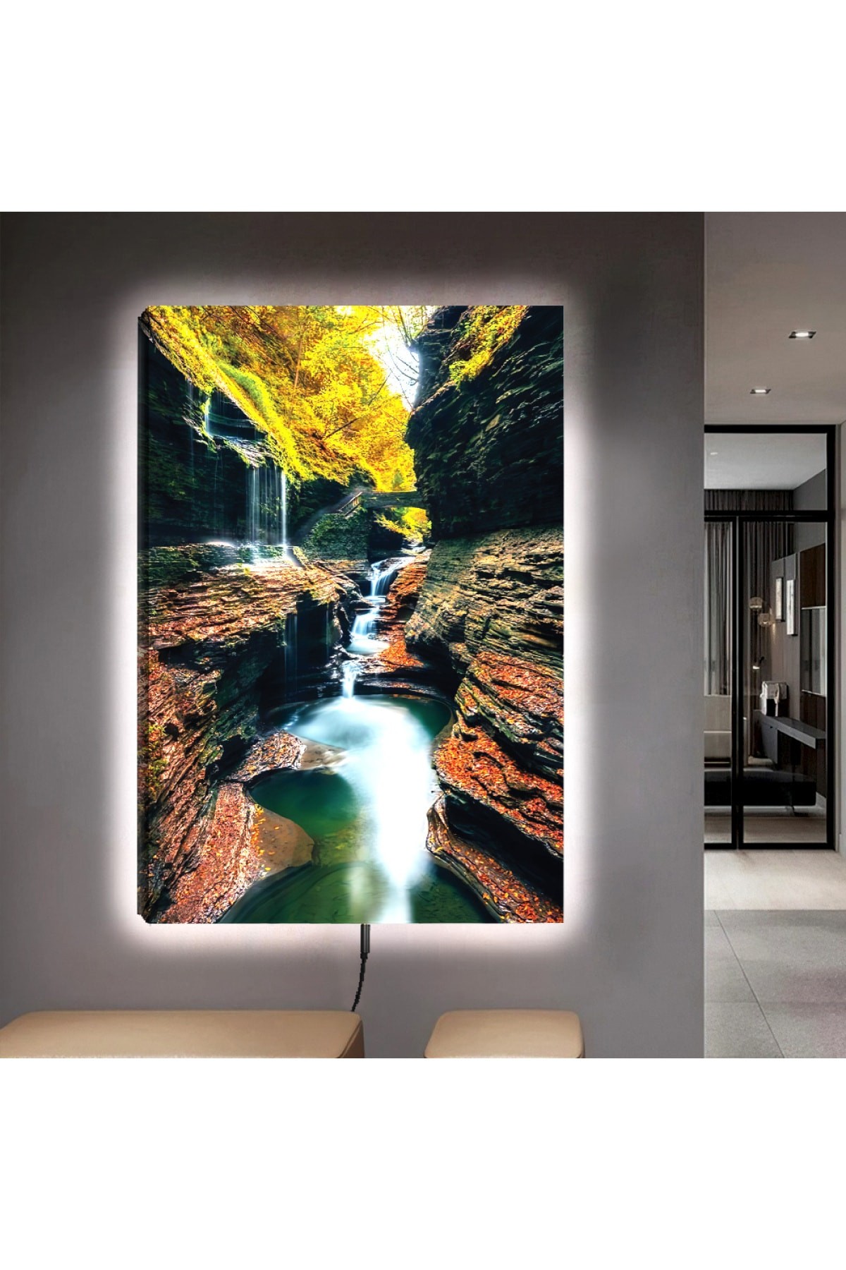 Ledli Kanyon Manzara Ahşap Şase Dijital Baskı Kanvas Tablo 90X60Cm