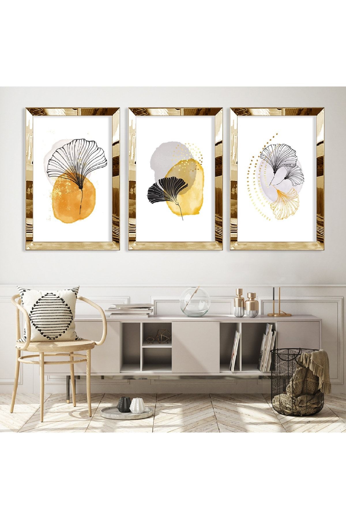 Soyut Desen Yaprak Gold Pleksi Kenar Üçlü Mdf Tablo Seti
