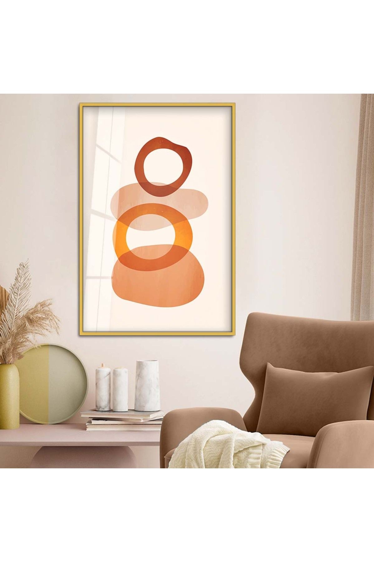 Gold Metal Çerçeveli Modern Çizim Soyut Tema Kırılmaz Cam Tablo