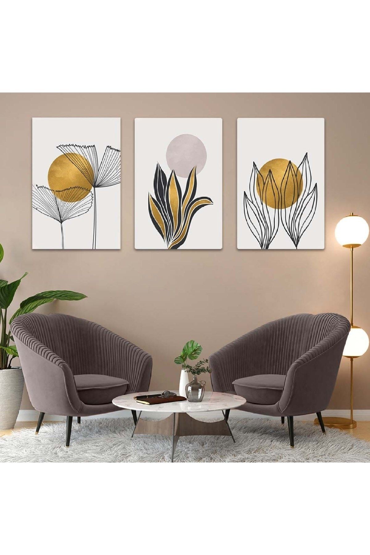 Üçlü Mdf Soyut Desen Bitki Ve Güneş Tablo Seti