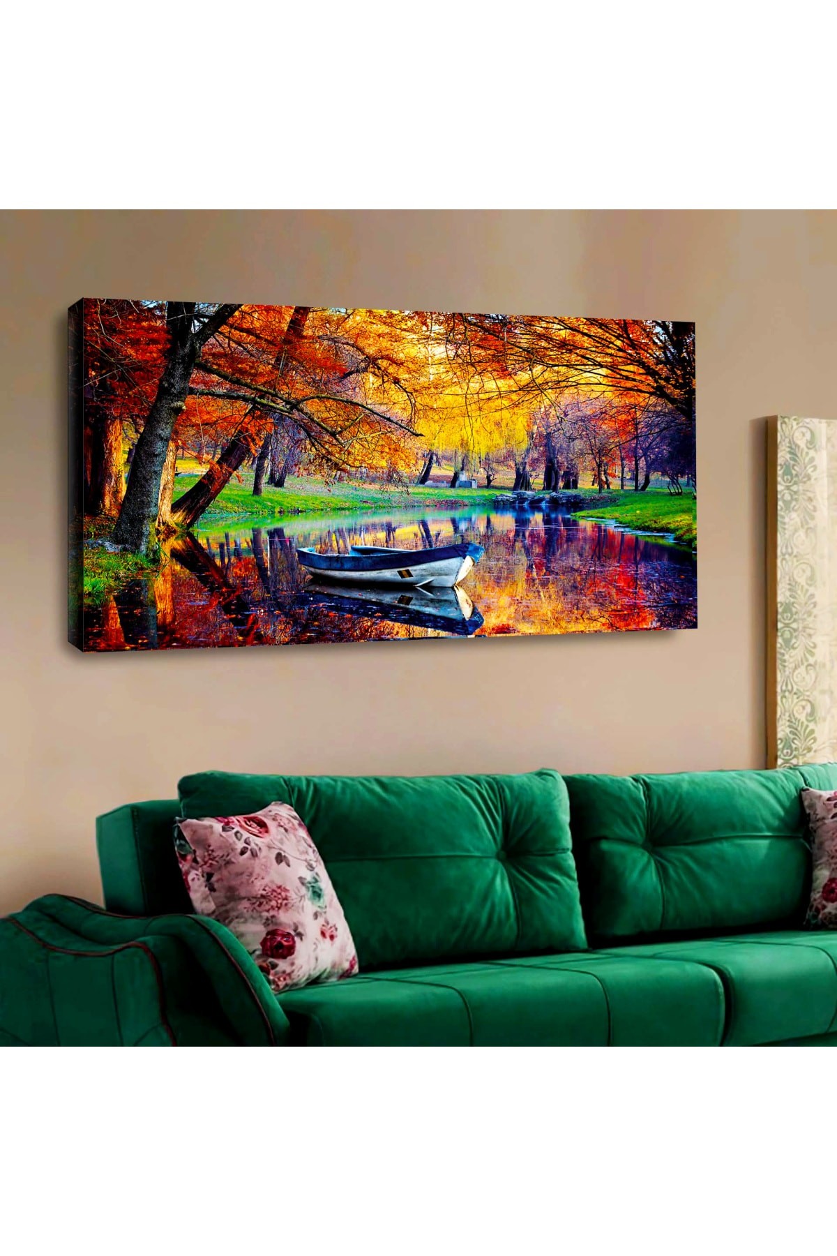 Ahşap Şase Dijital Baskı Kanvas Sonbahar Kayık Manzara Tablosu 120X60Cm