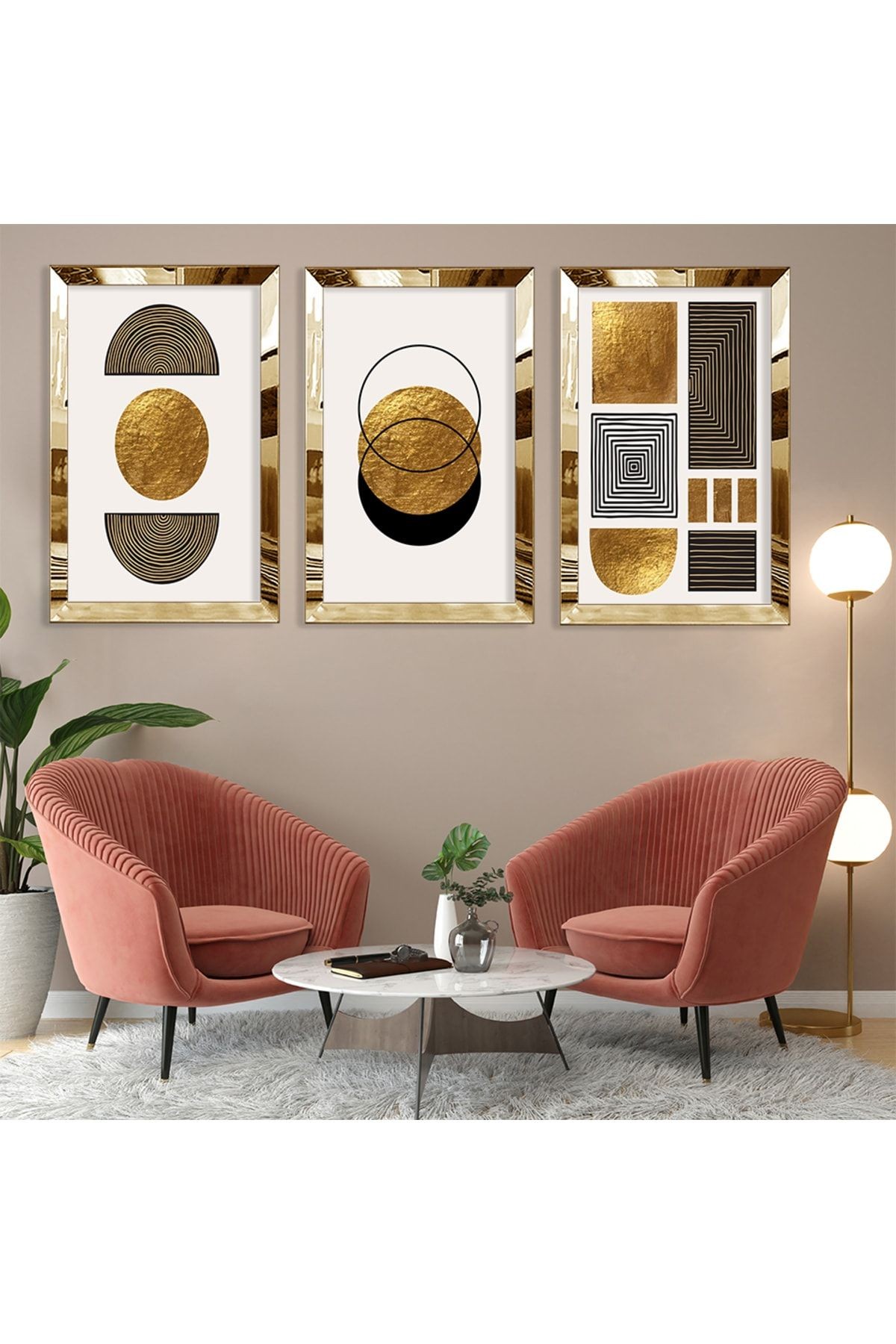 Soyut Desen Şekiller Gold Pleksi Kenar Üçlü Mdf Tablo Seti