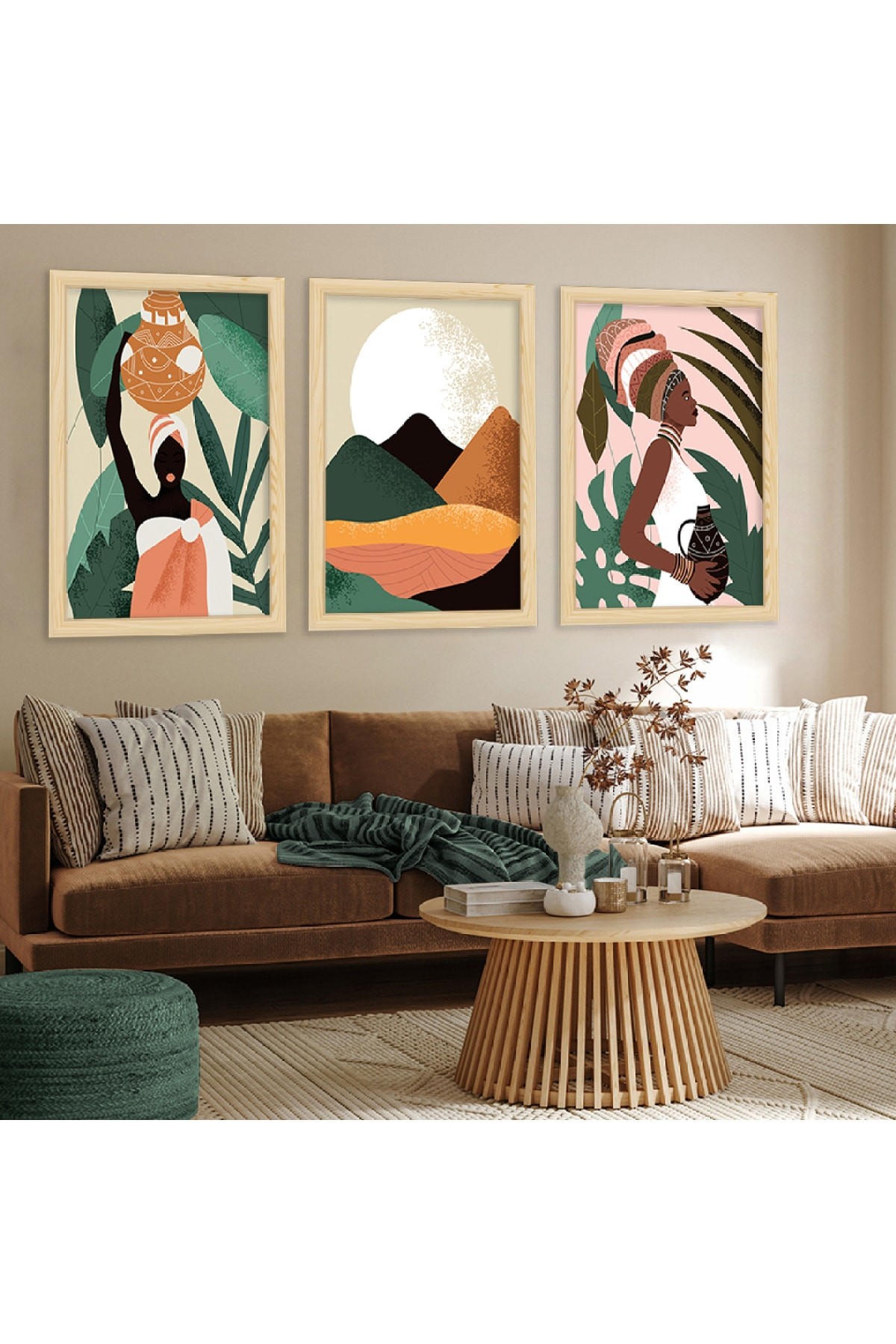 Canlı Modern Ahşap Çerçeveli Kolaj Çizim Modern Tablo