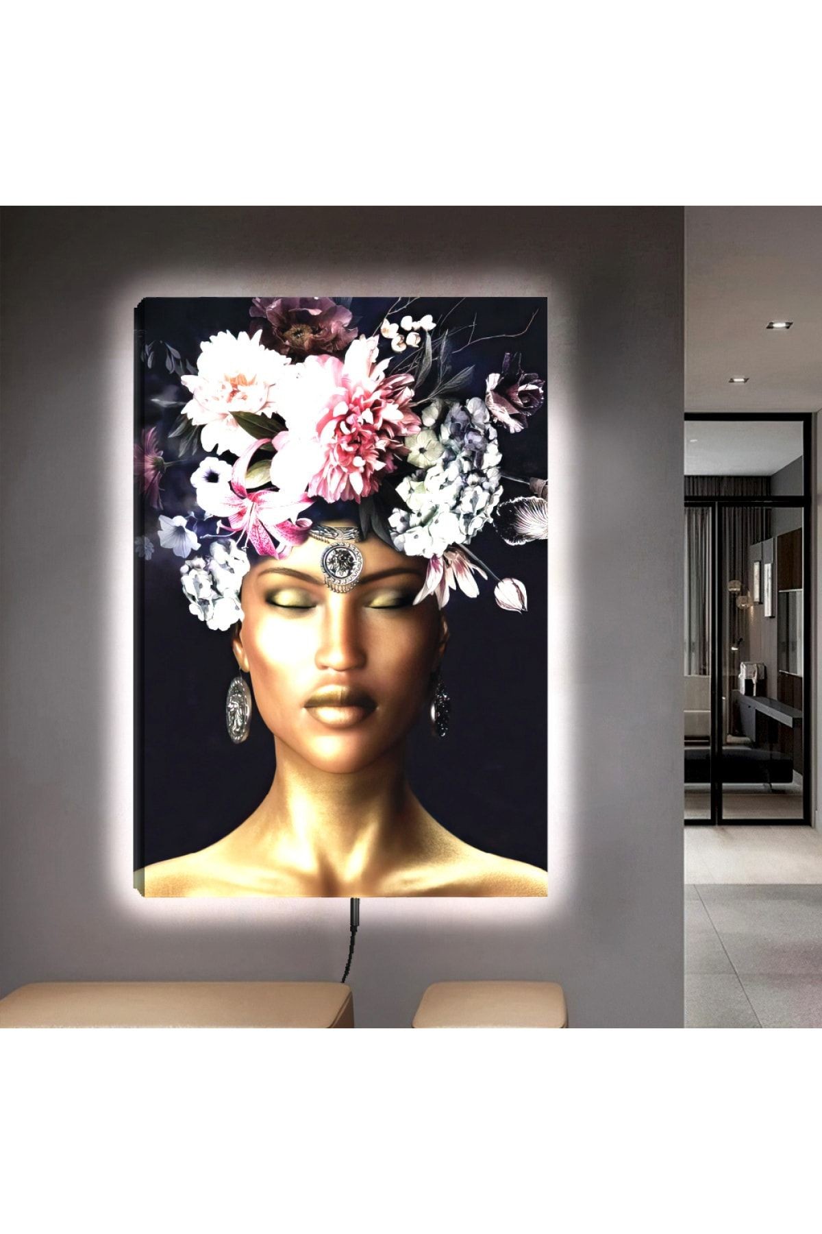 Ledli 90x60 Afrikalı Genç Kadın Kanvas Tablo