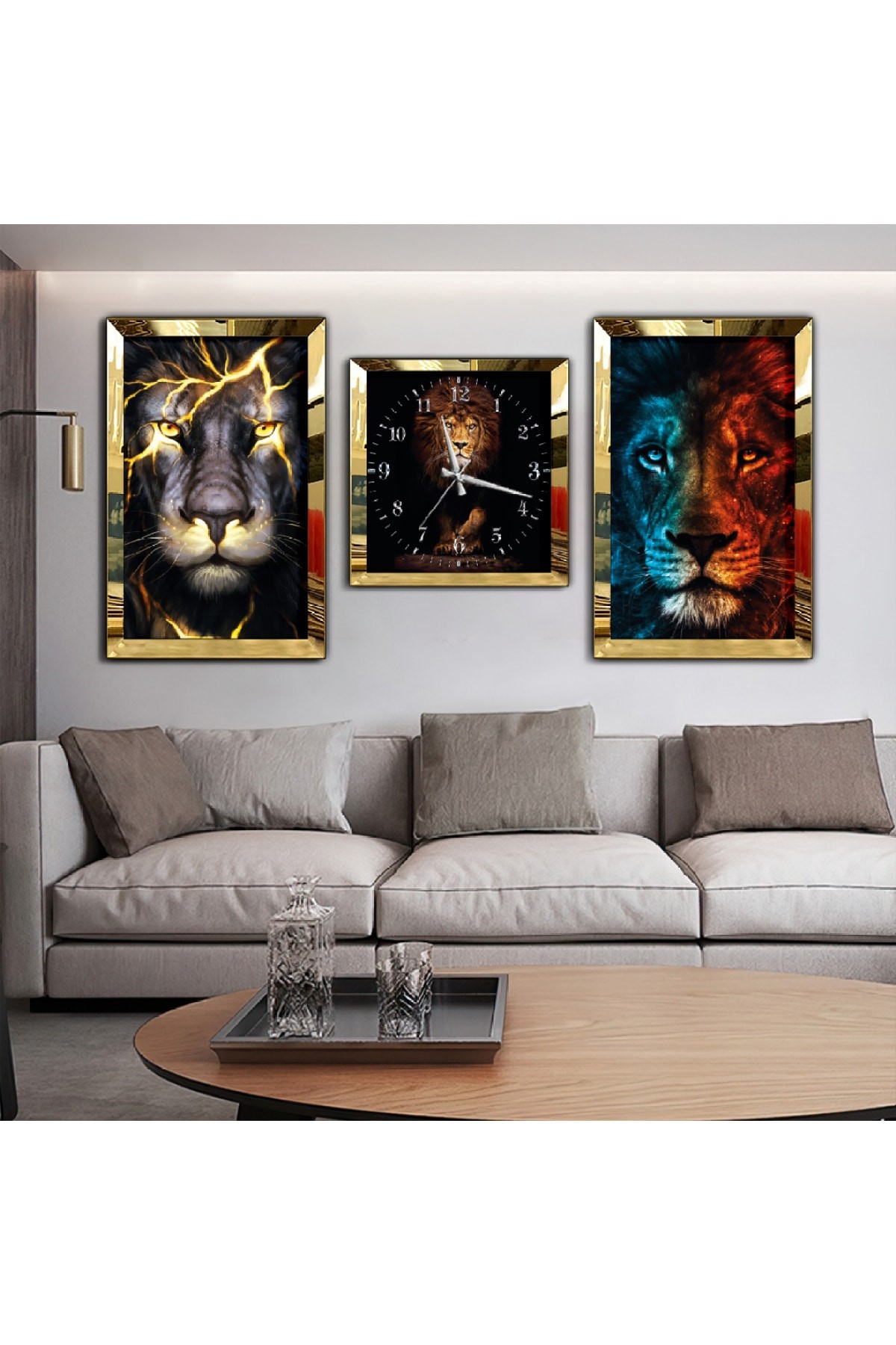 Aslan Temalı Aynalı Gold Pleksi Çerçeveli Solmaz MDF Tablo Ve Saat Seti