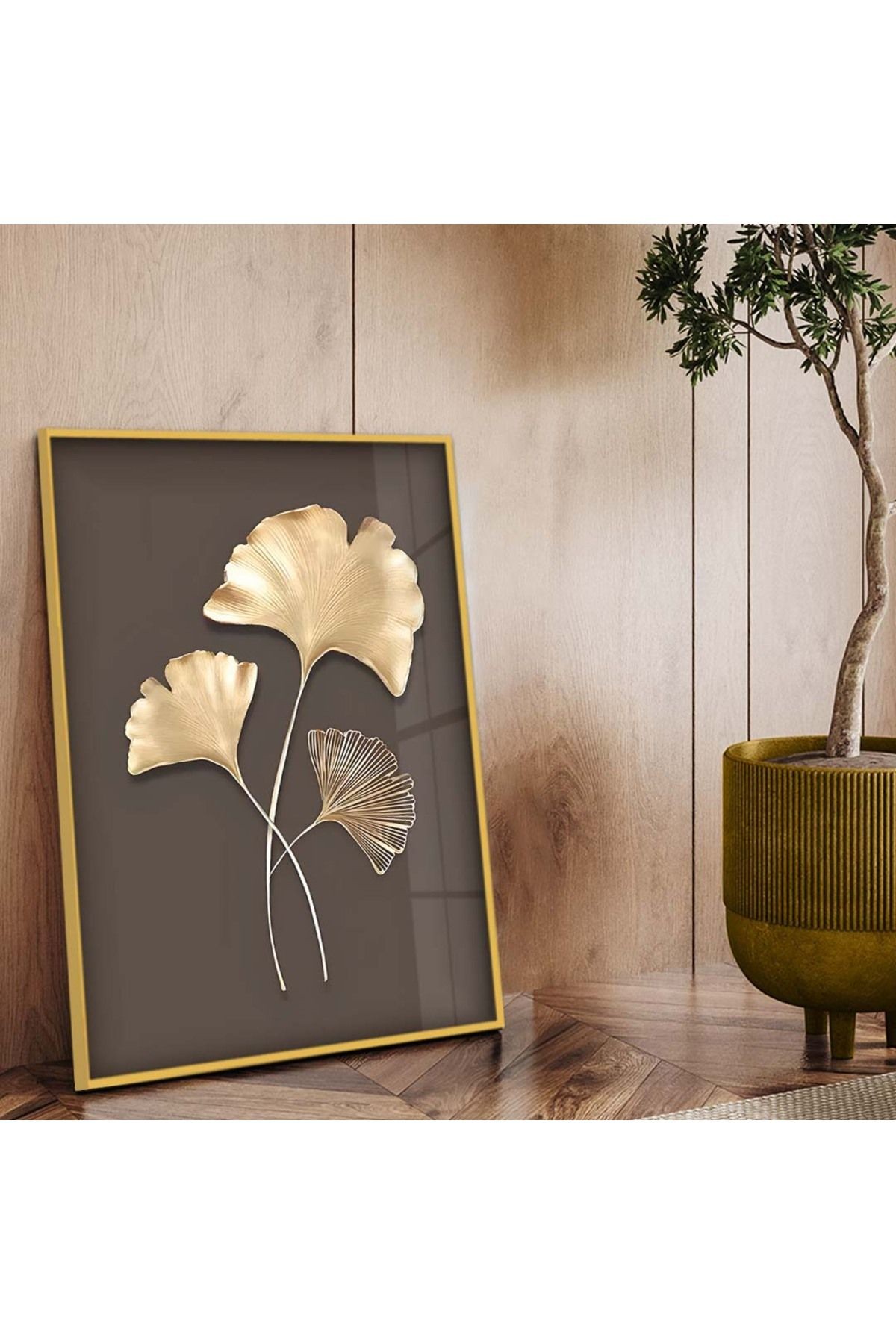 Gold Metal Çerçeveli Modern Çizim Çiçek Tema Kırılmaz Cam Tablo