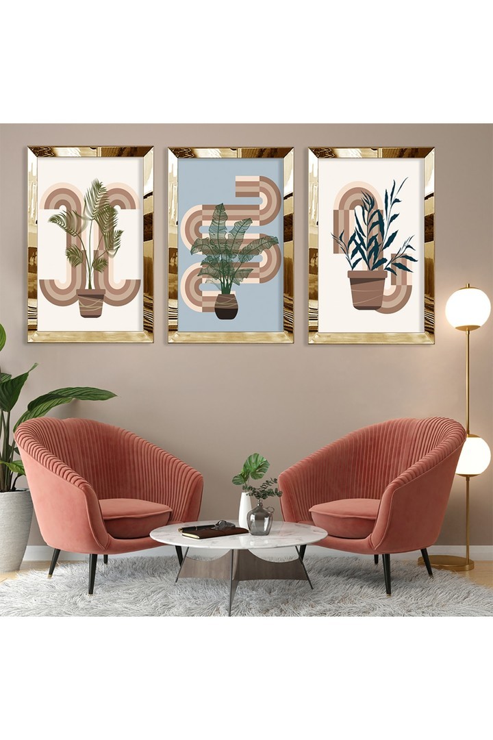 Minimalist Çiçek Soyut Desen Gold Pleksi Kenar 3'Lü Solmaz MDF Tablo