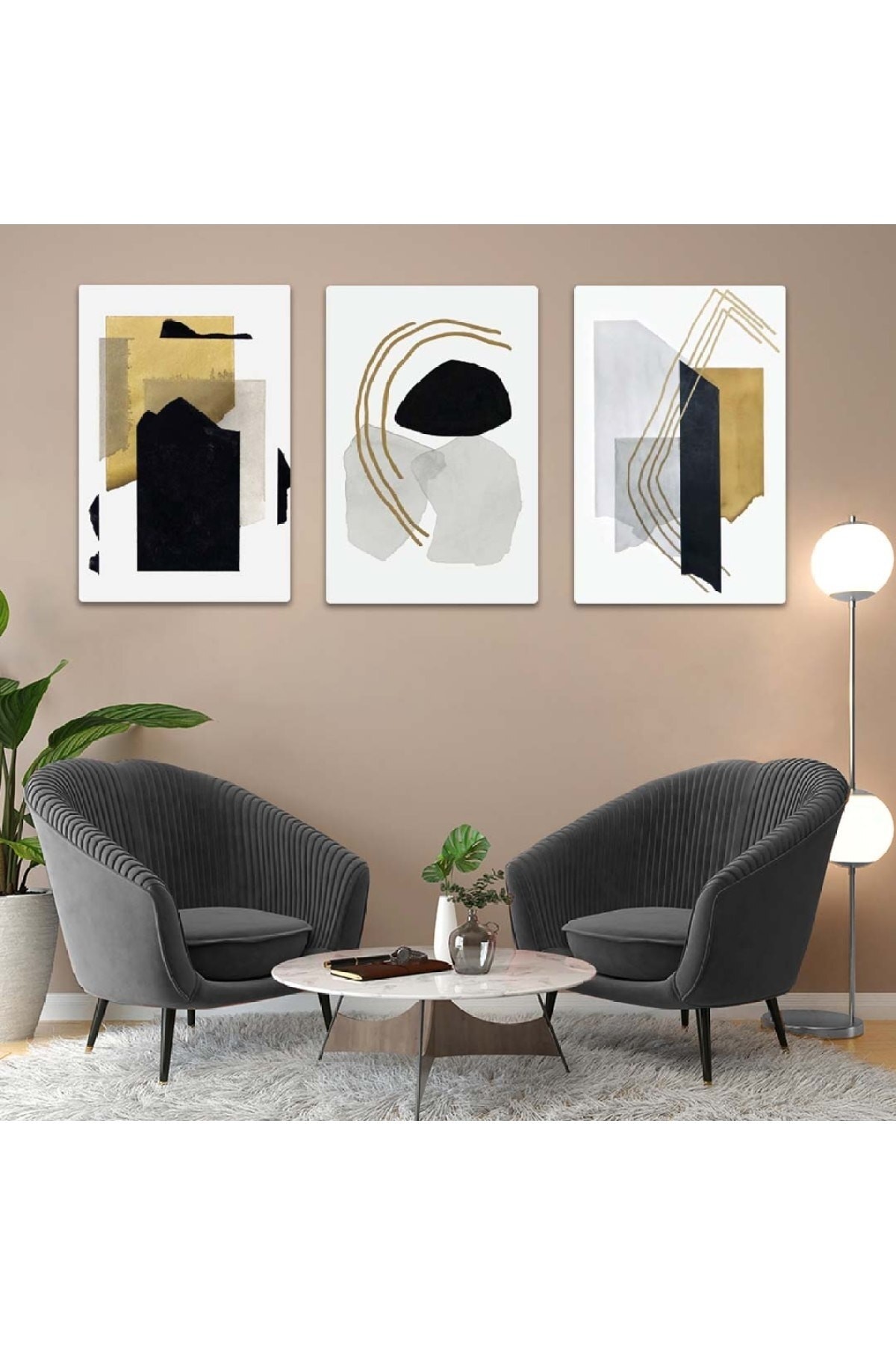 Modern Kolaj Çizim 3'Lü Solmaz MDF Tablo Set