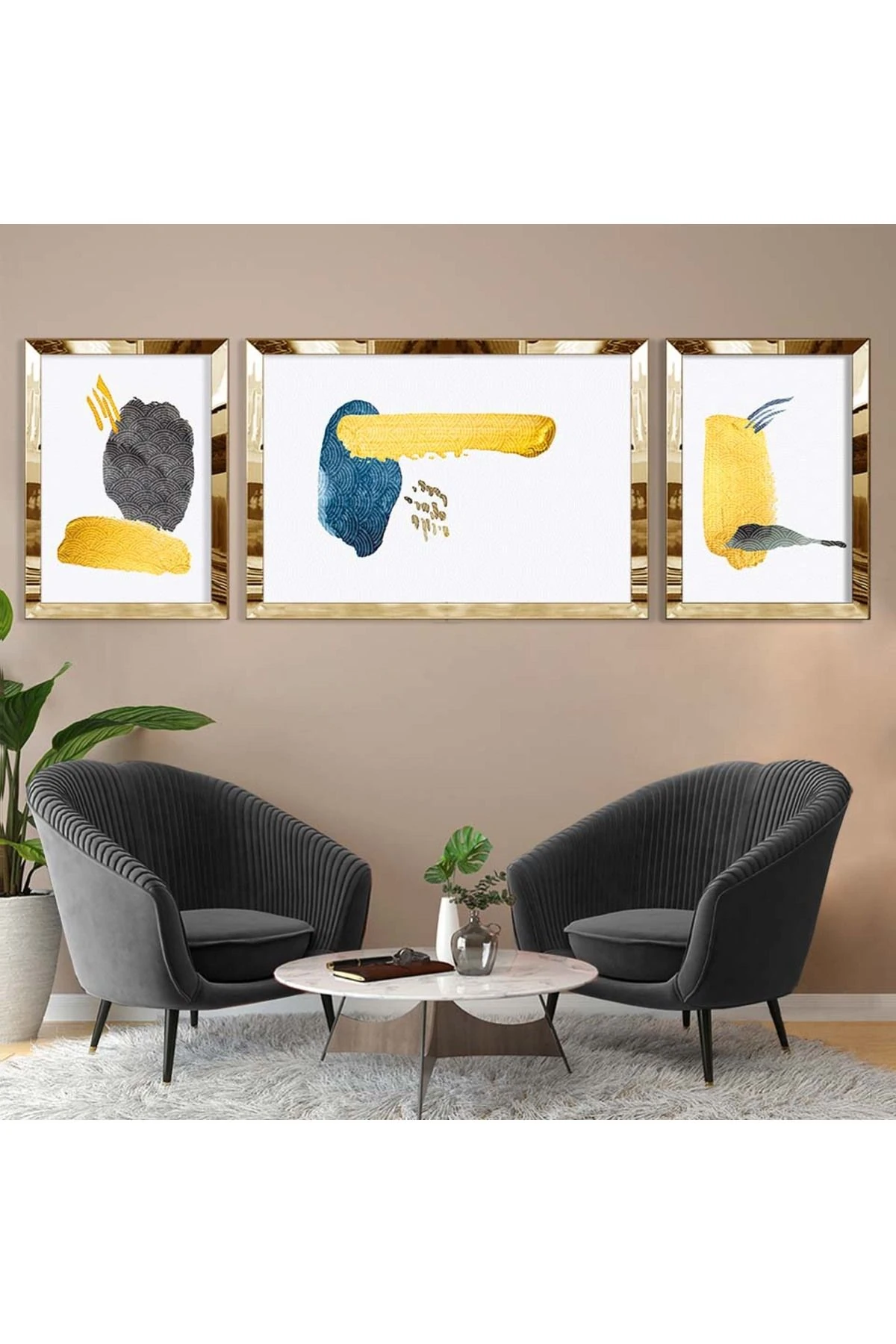 Gold Aynalı Pleksi Çerçeveli Üçlü Beyaz Arka Planlı Gold Ve Mavi Desenli Mdf Tablo Seti