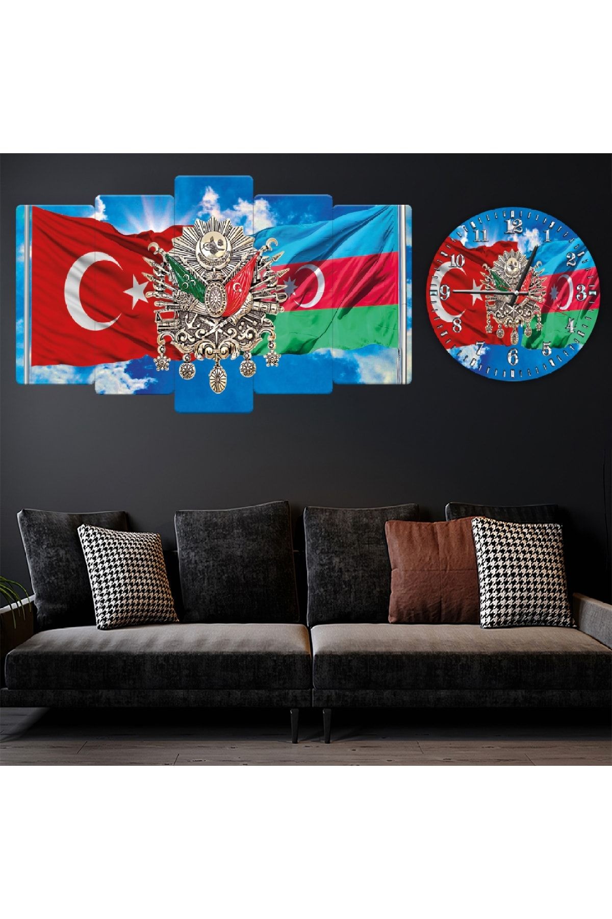 Altılı Mdf Azerbaycan Kardeşlik Ve Osmanlı Tuğrası Saatli Tablo Seti