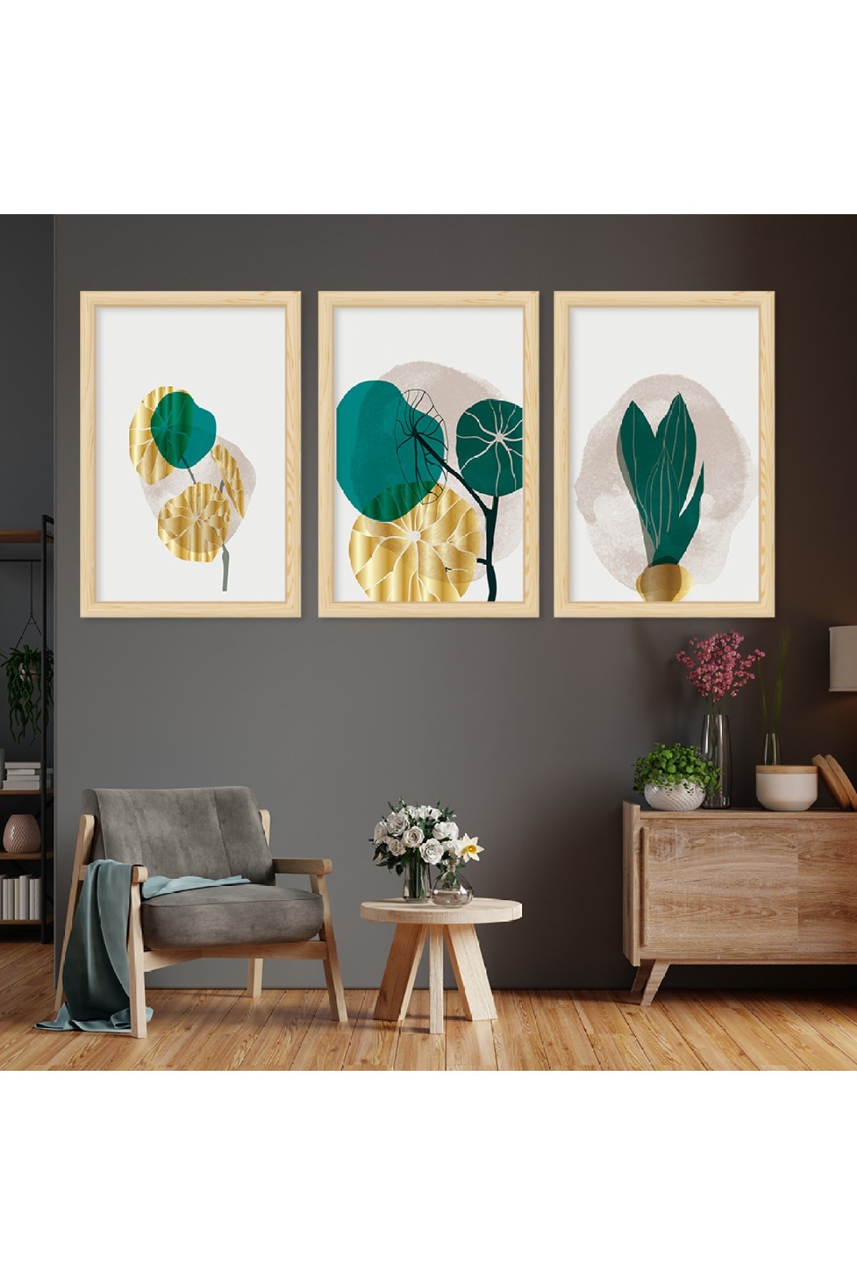 Renkli Minimalist Ahşap Çerçeveli Kolaj Çizim Çiçek Tablo
