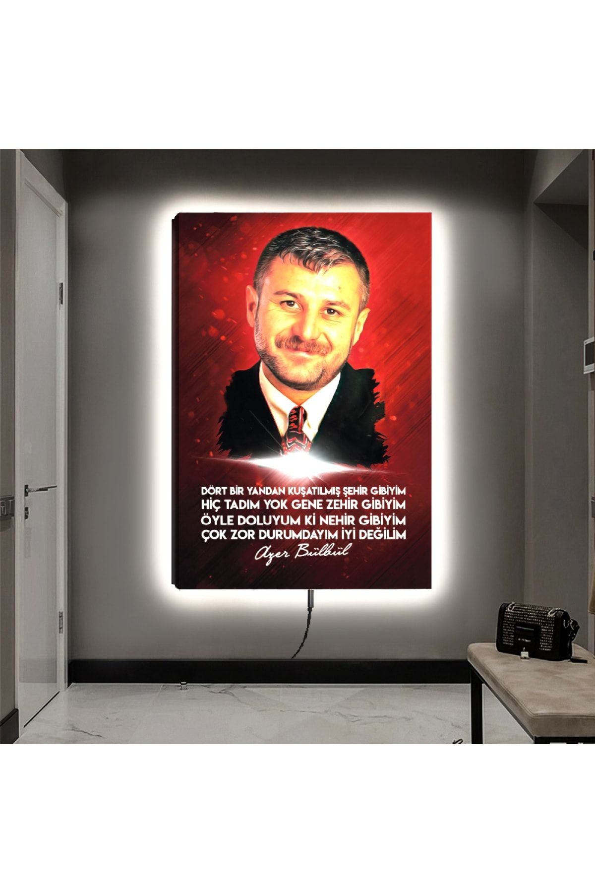 Kanvas Kırmızı Arka Planlı Azer Bülbül Ledli Tablo
