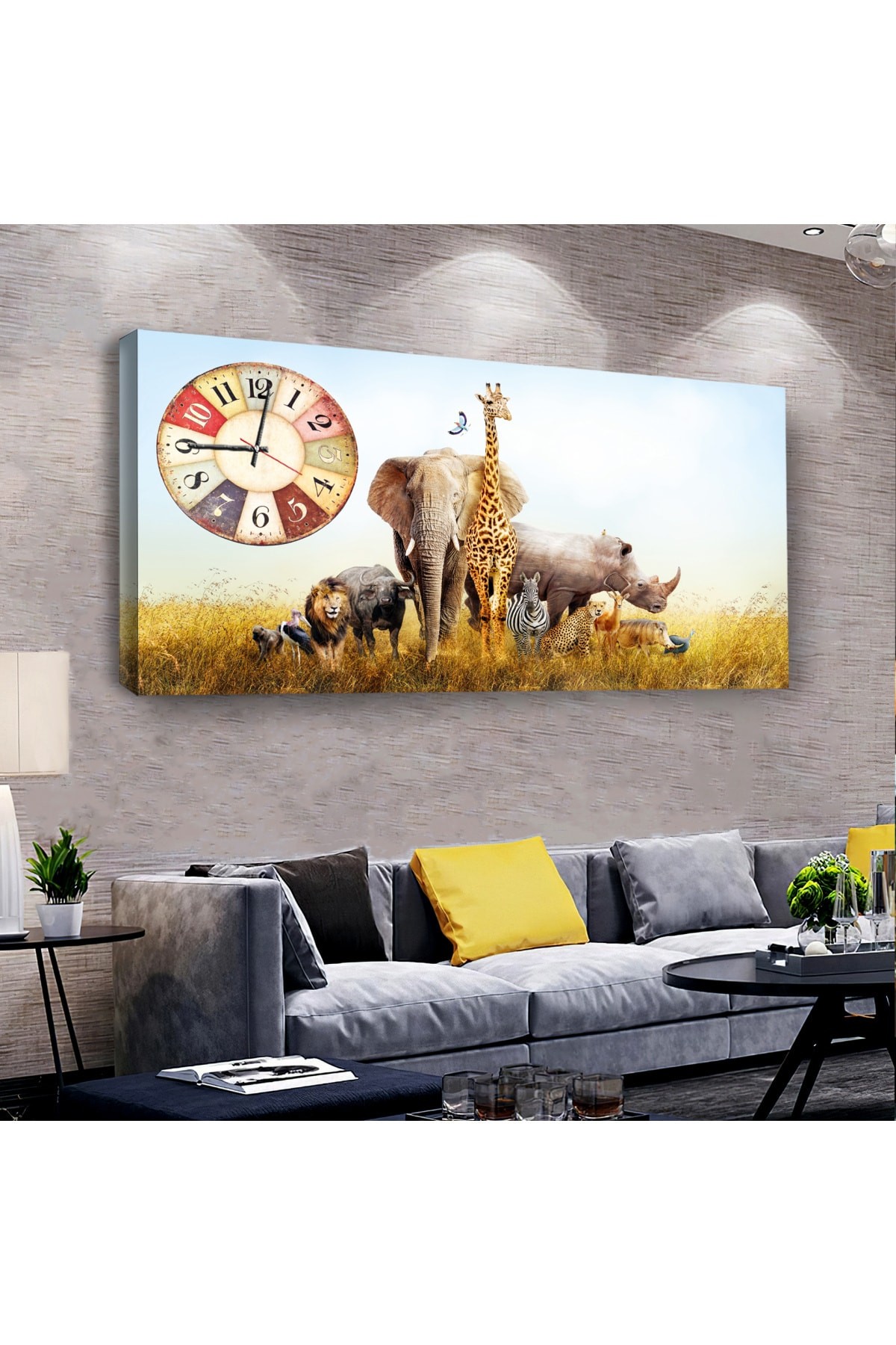 Hayvanlar Alemi saatliAhşap Şase Dijital Baskı Kanvas Tablo 100X50Cm