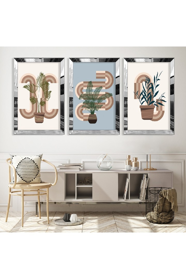 Minimalist Çiçek Soyut Desen Gold Pleksi Kenar 3'Lü Solmaz MDF Tablo