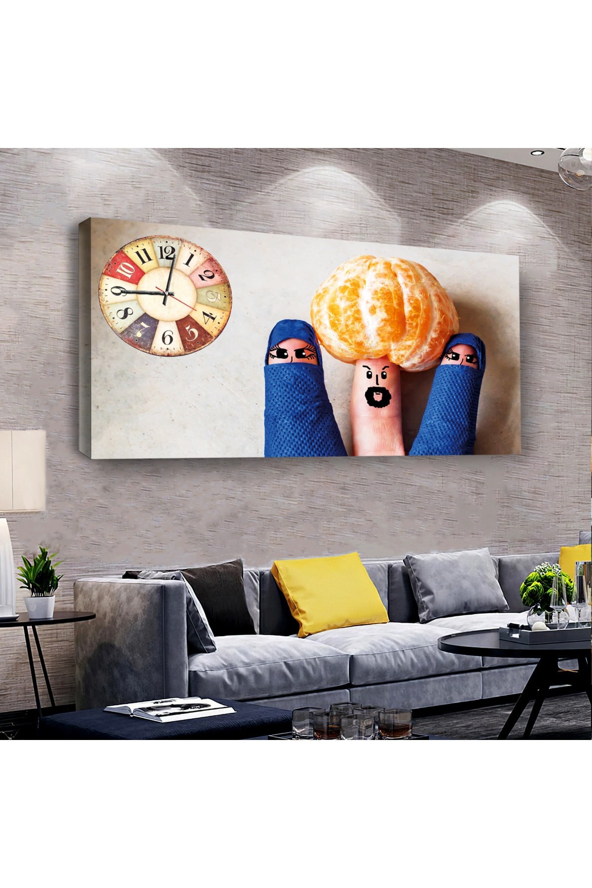 Sevimli Parmaklar saatliAhşap Şase Dijital Baskı Kanvas Tablo 100X50Cm