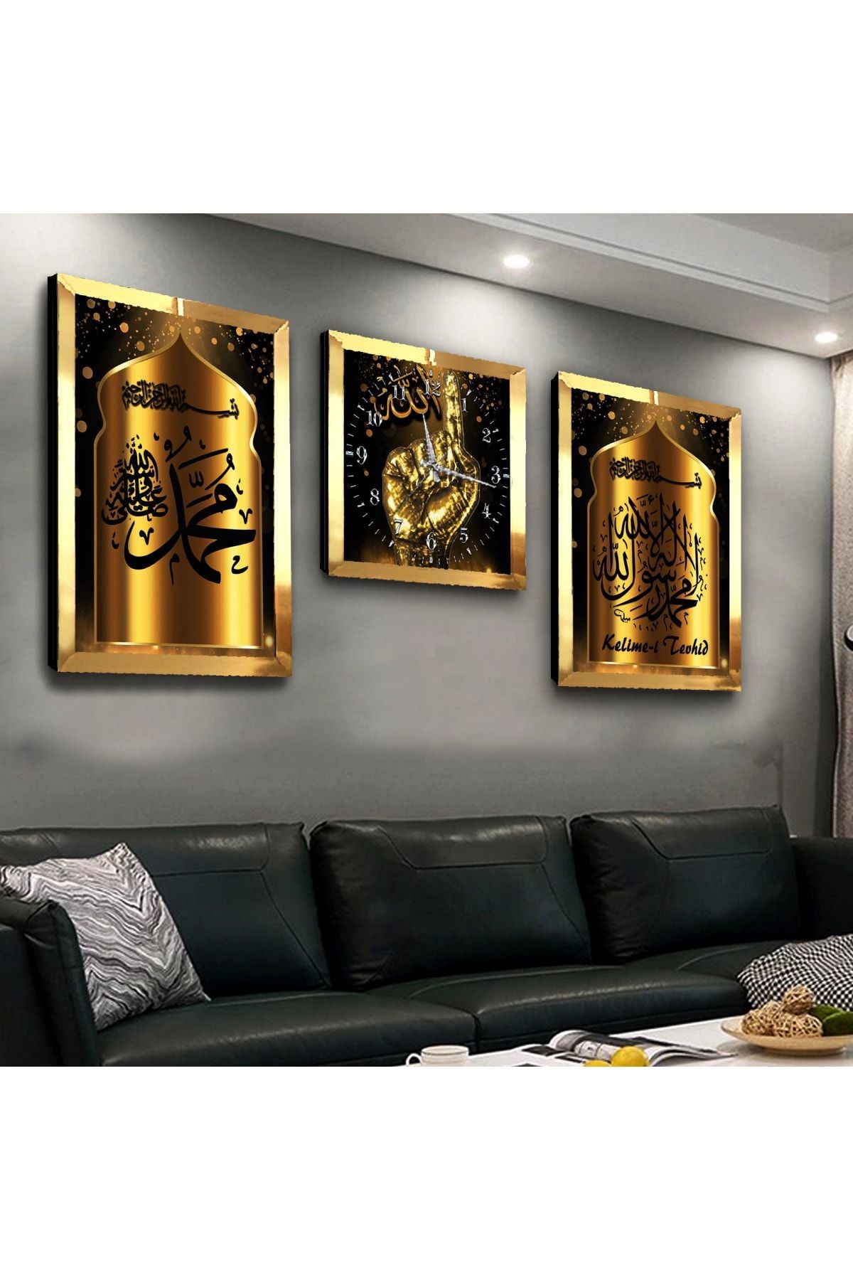 Gold Aynalı Pleksi Çerçeveli Kelime-i Tevhid Üçlü Mdf Tablo Seti Ve Saat Seti