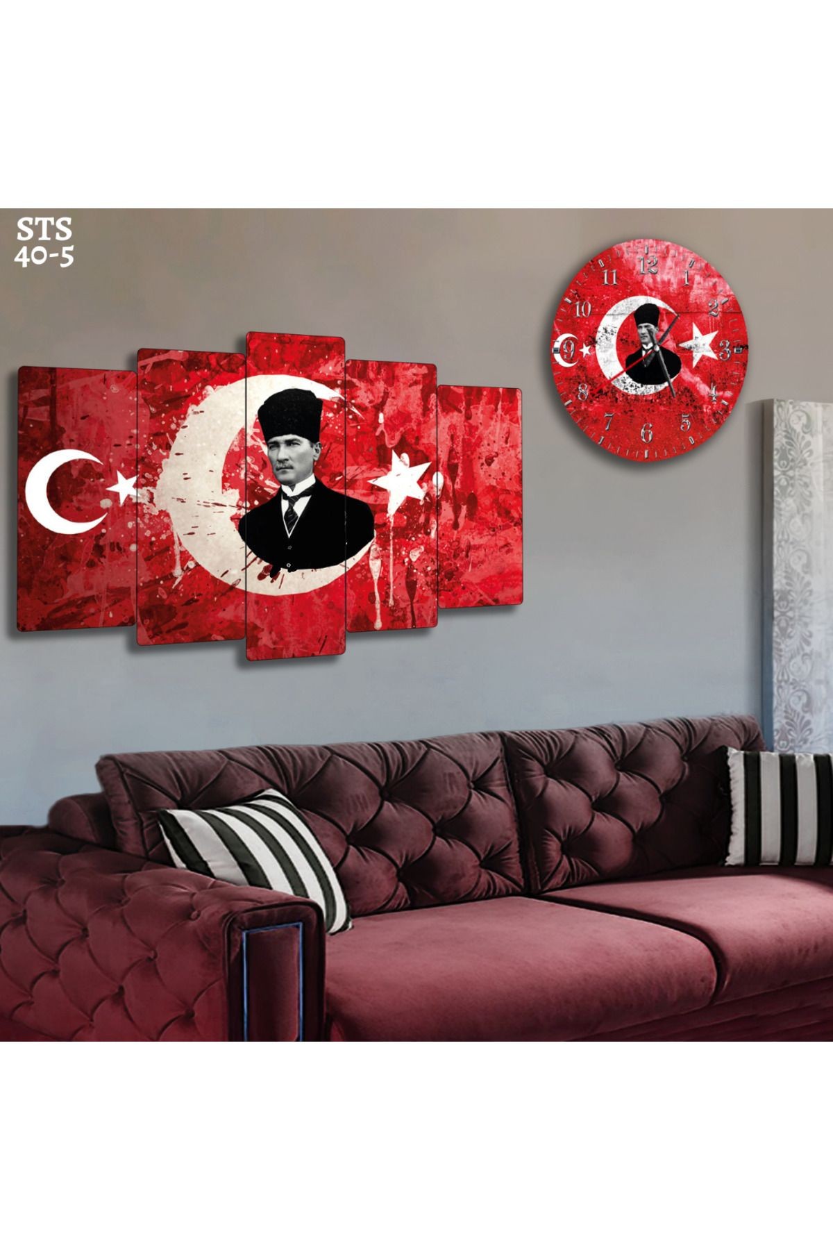 Altılı Mdf Türk Bayrağı Arka Planlı Atatürk Saatli Tablo Seti