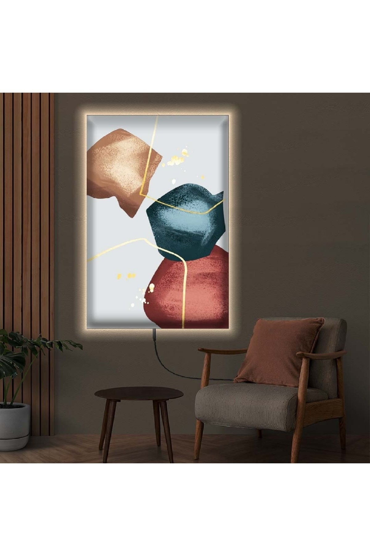 Özel Tasarım Renkli Ledli Modern Çizim Ahşap Şase Dijital Baskı Kanvas Tablo 70X100Cm