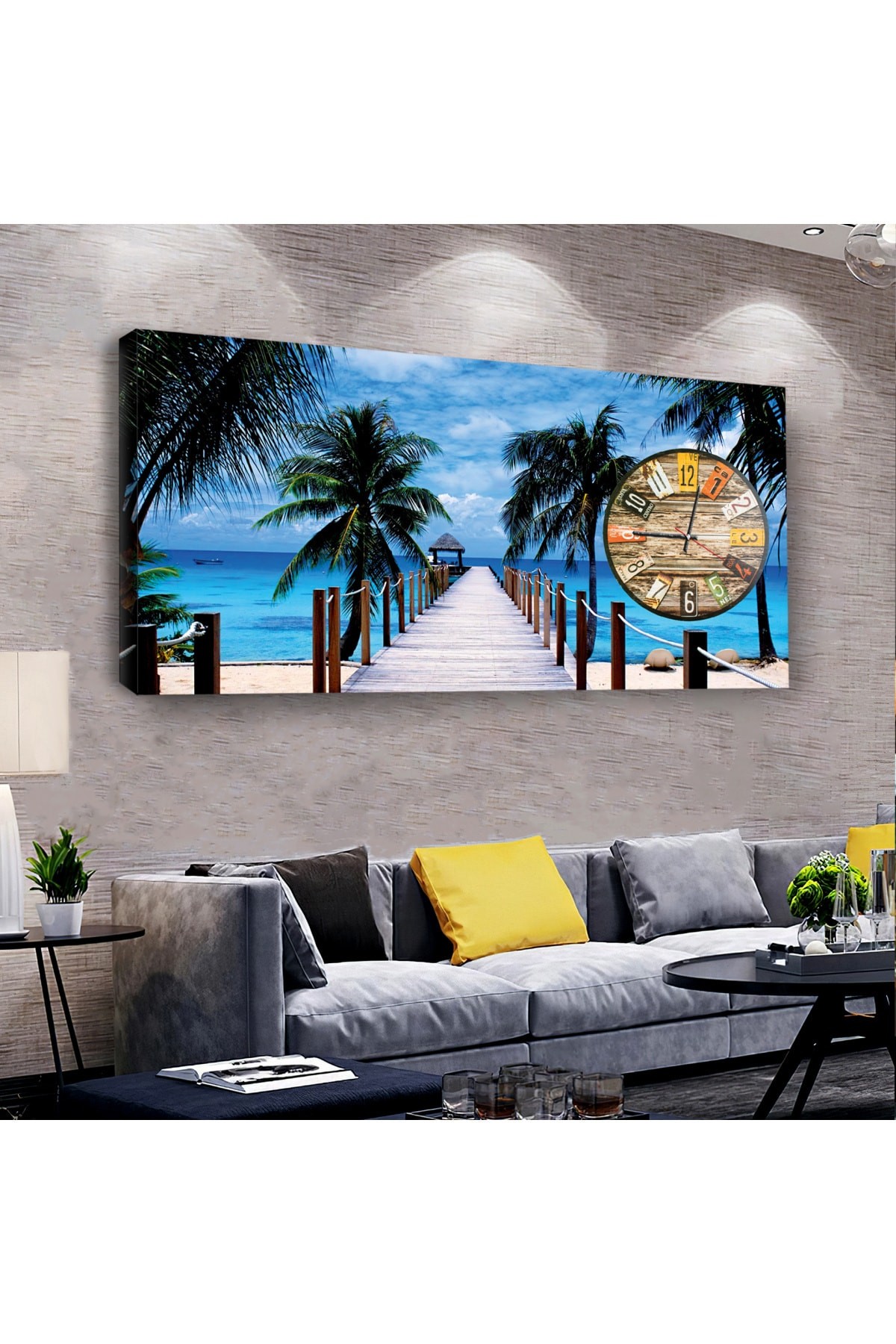 Palmiyeli Yol saatliAhşap Şase Dijital Baskı Kanvas Tablo 100X50Cm