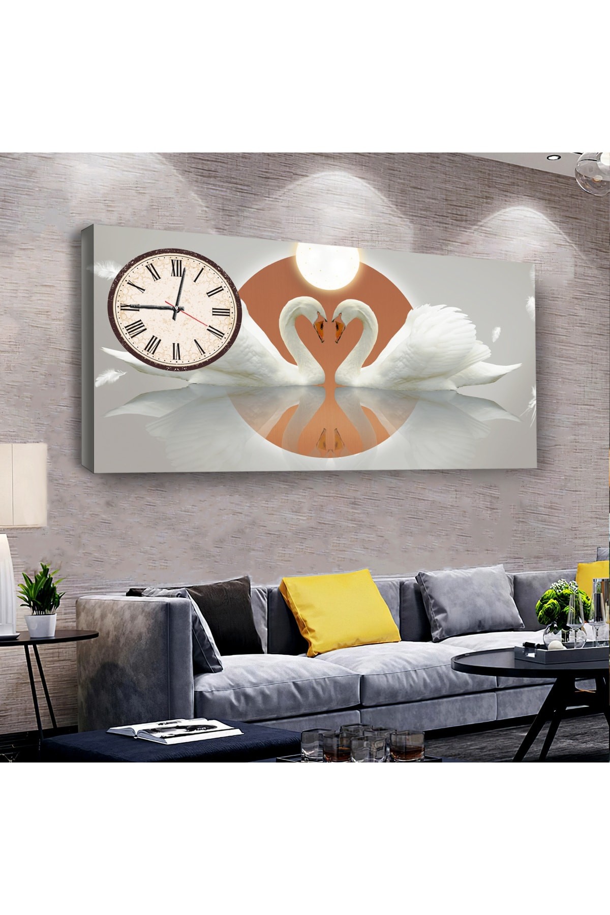 Aşk Kuğuları saatliAhşap Şase Dijital Baskı Kanvas Tablo 100X50Cm
