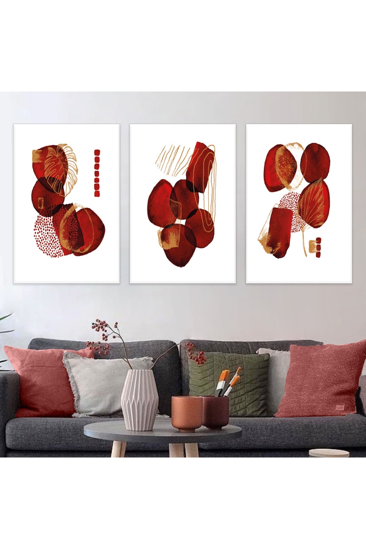 Minimalist Tablo Şekiller Soyut Desen 3'Lü Ahşap Şase Dijital Baskı Kanvas Tablo