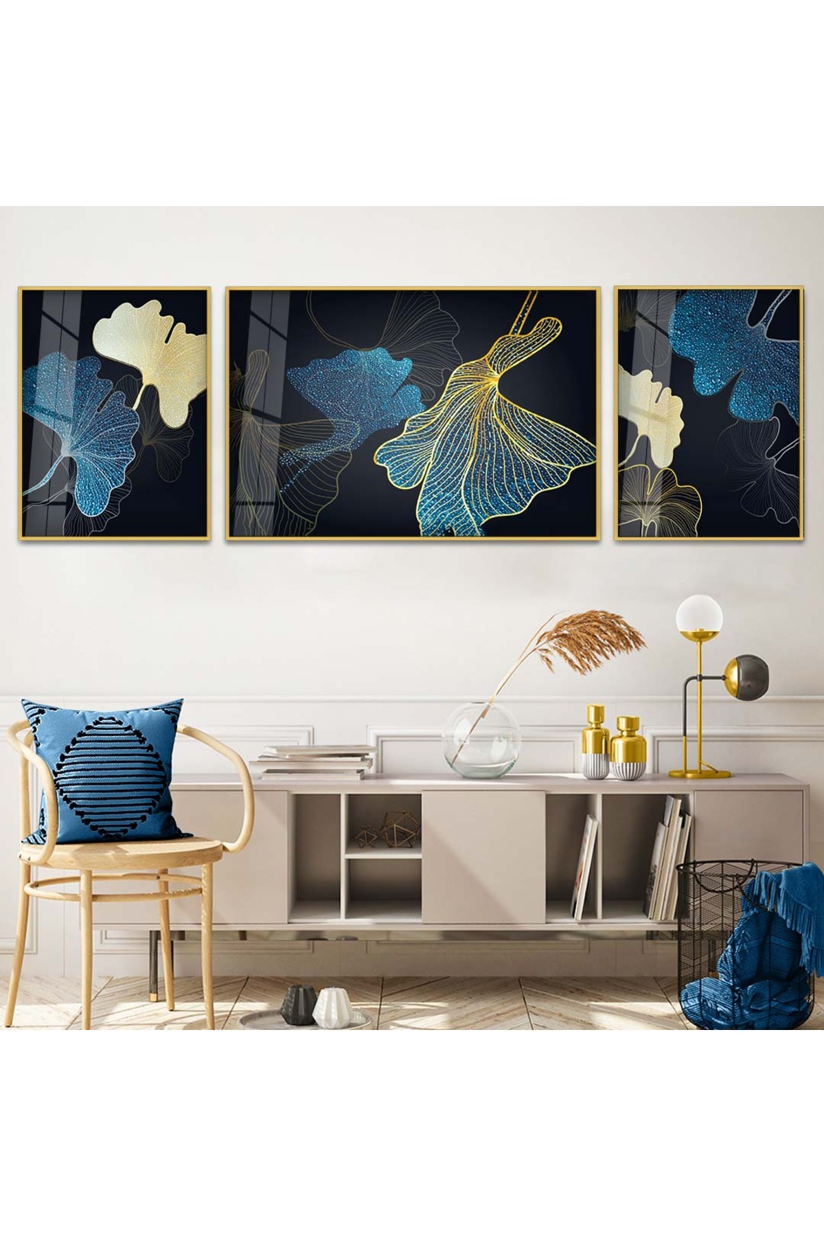 Yaratıcı Modern Çizim Soyut Desen 3'Lü Metal Çerçeveli UV Baskı Kırılmaz Cam Tablo