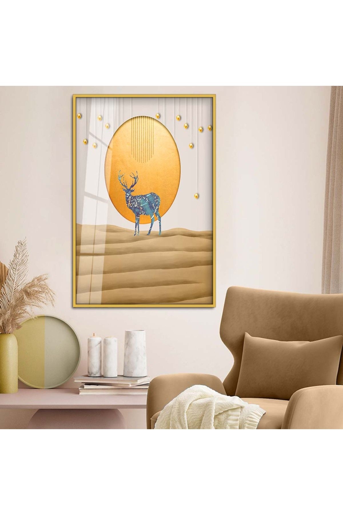 Gold Metal Çerçeveli Modern Çizim Geyik Tema Kırılmaz Cam Tablo