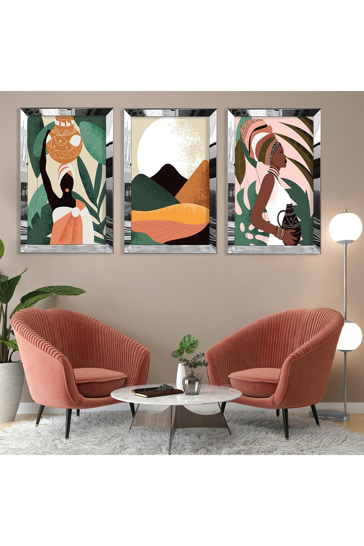 Minimalist Tablo Soyut Desen Gold Pleksi Kenar 3'Lü MDF Tablo Ve Saat Kombin