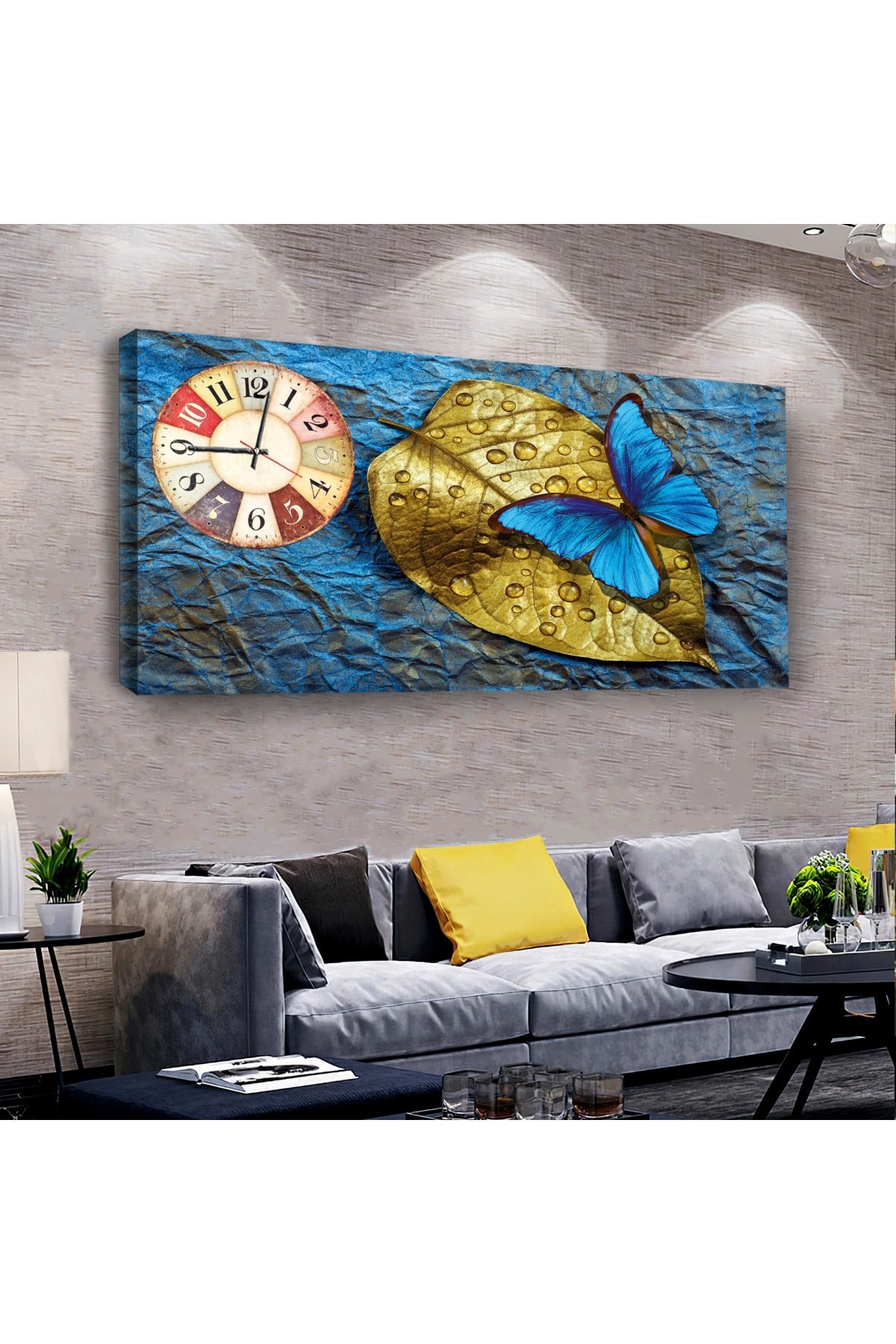 Mavi Kelebek saatliAhşap Şase Dijital Baskı Kanvas Tablo 100X50Cm