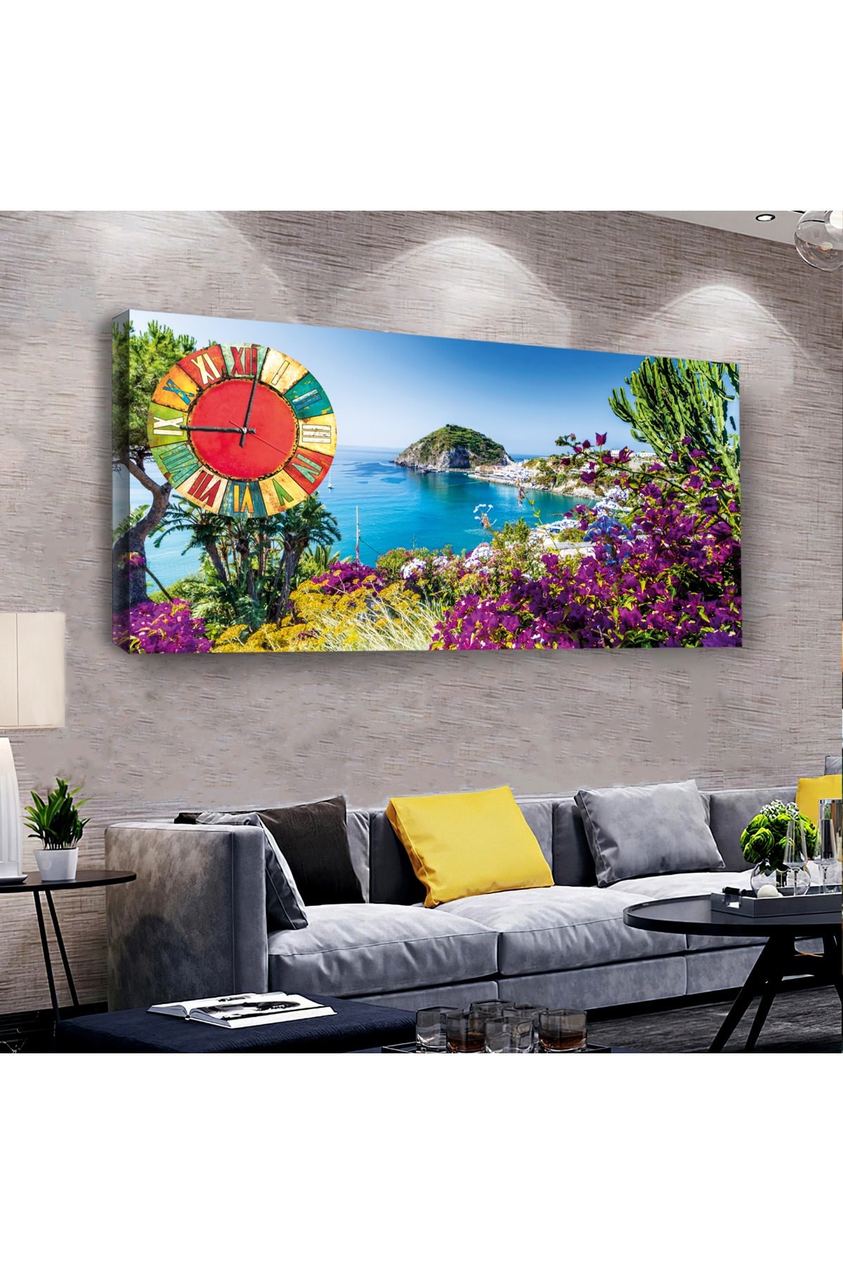 Özel Tasarım Deniz Manzara saatliAhşap Şase Dijital Baskı Kanvas Tablo 100X50Cm