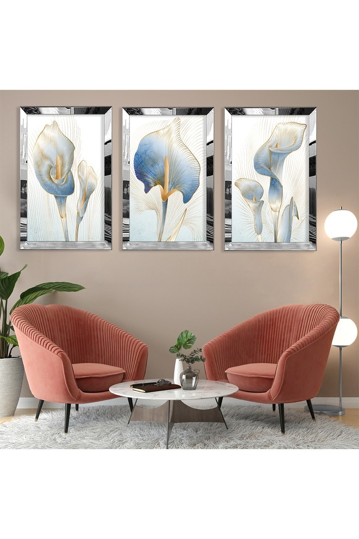 Çiçek Soyut Desen Gold Pleksi Kenar 3'Lü Solmaz MDF Tablo