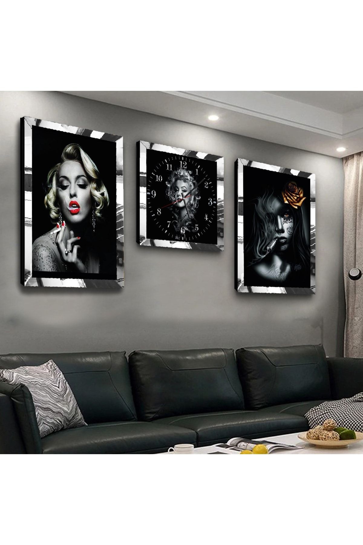 Gold Aynalı Pleksi Çerçeveli Marilyn Monroe Üçlü Mdf Tablo Seti Ve Saat Seti