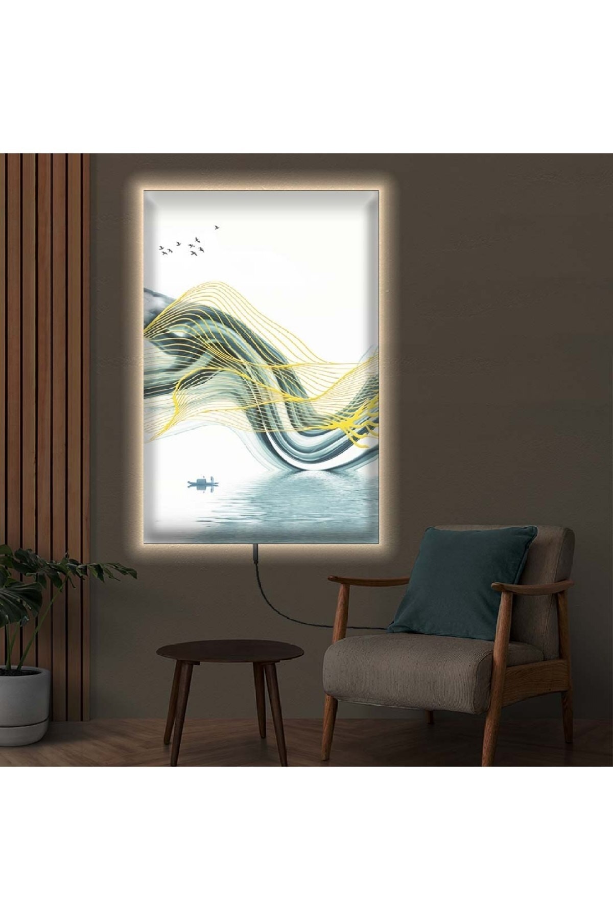 Oturma Odası Tablosu Ledli Modern Çizim Ahşap Şase Dijital Baskı Kanvas Tablo 90X60Cm