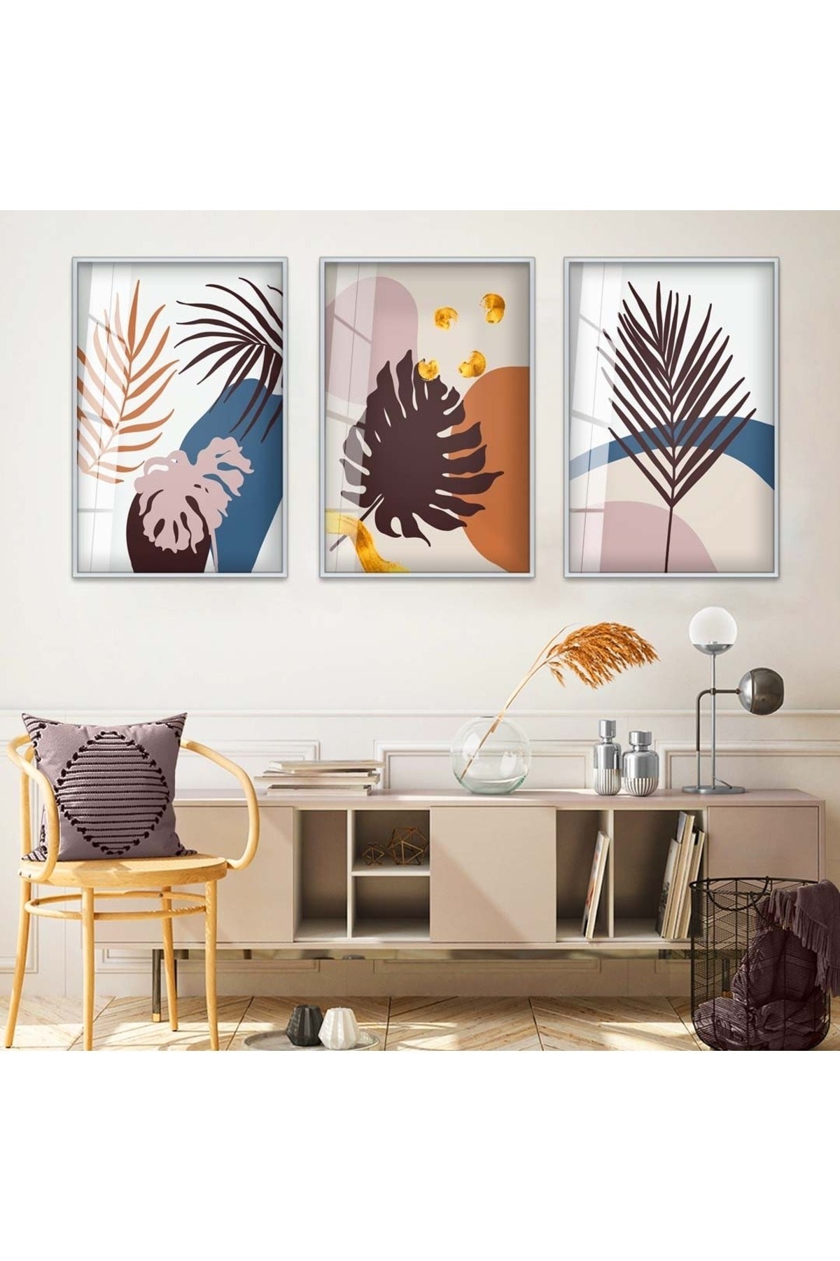 Sanat Tablosu Soyut Desen 3'Lü Metal Çerçeveli UV Baskı Kırılmaz Cam Tablo Seti