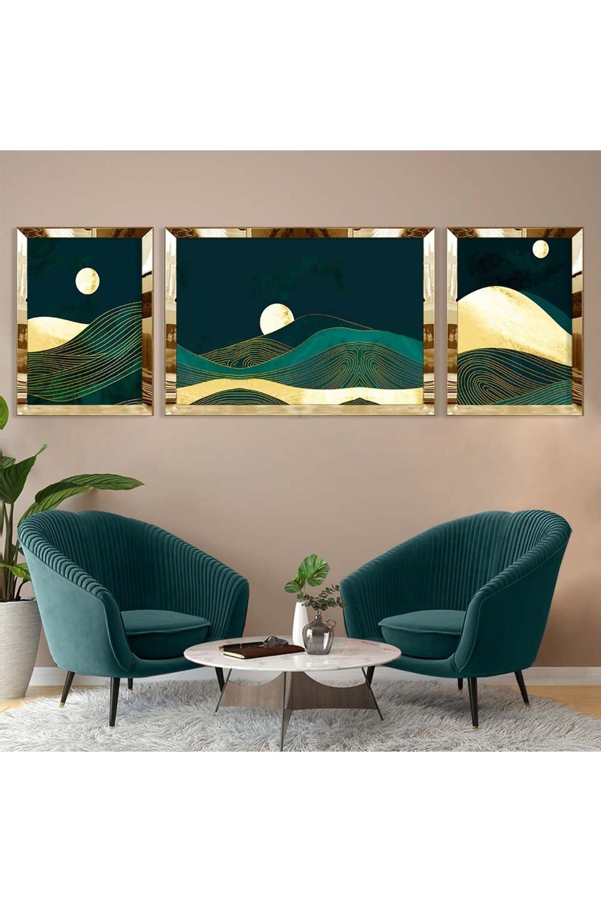 Gold Aynalı Pleksi Çerçeveli Üçlü Gece Arka Planlı Soyut Gün Batımı Mdf Tablo Seti