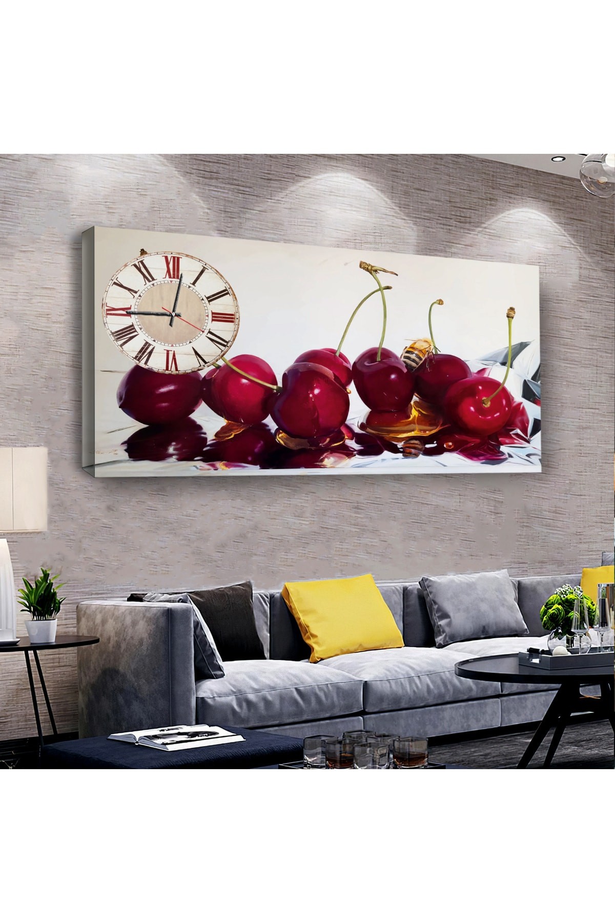 Kiraz Meyve saatliAhşap Şase Dijital Baskı Kanvas Tablo 120X60Cm